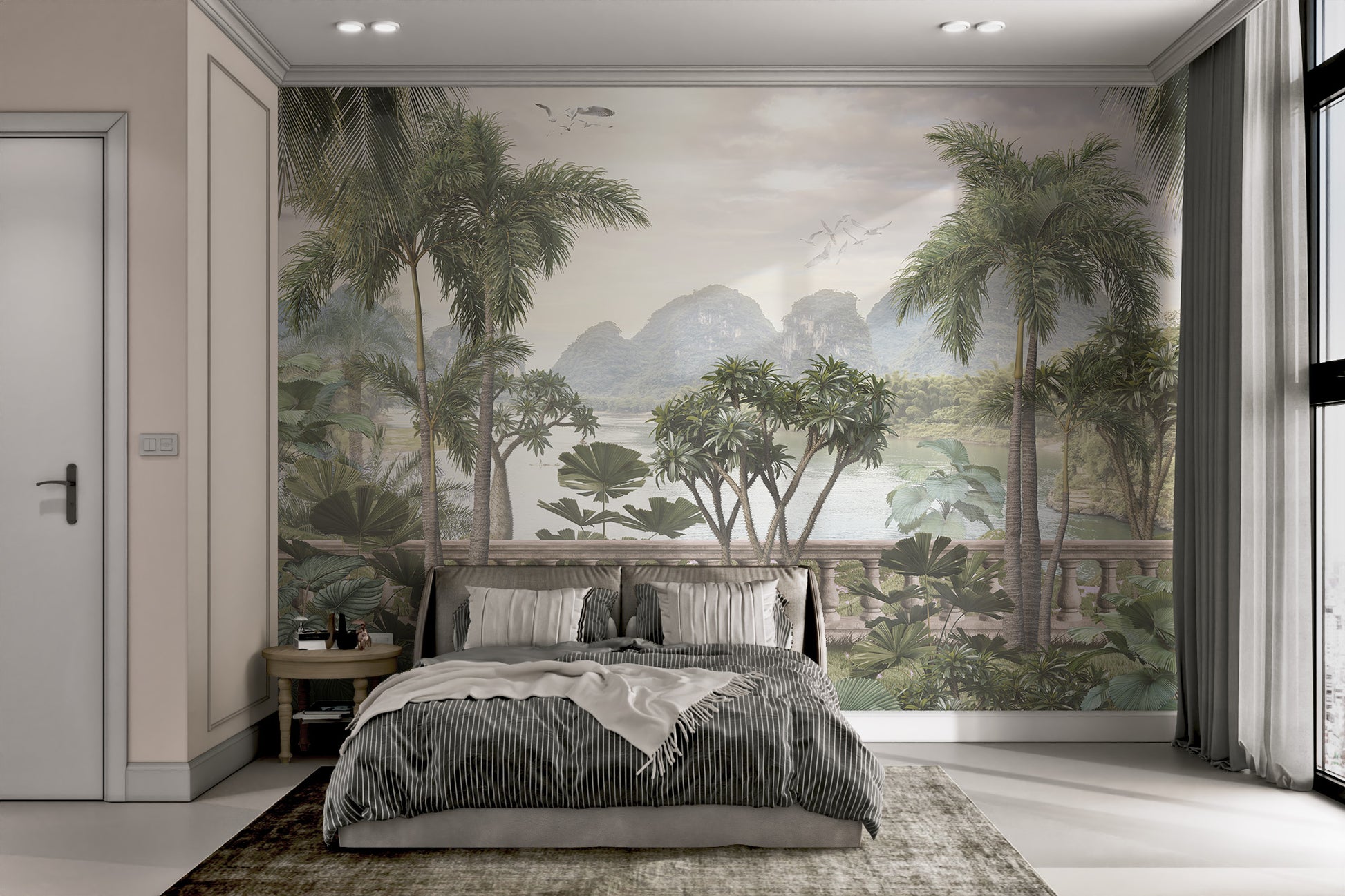 Nature-inspired tropical wallpaper for modern bedroom