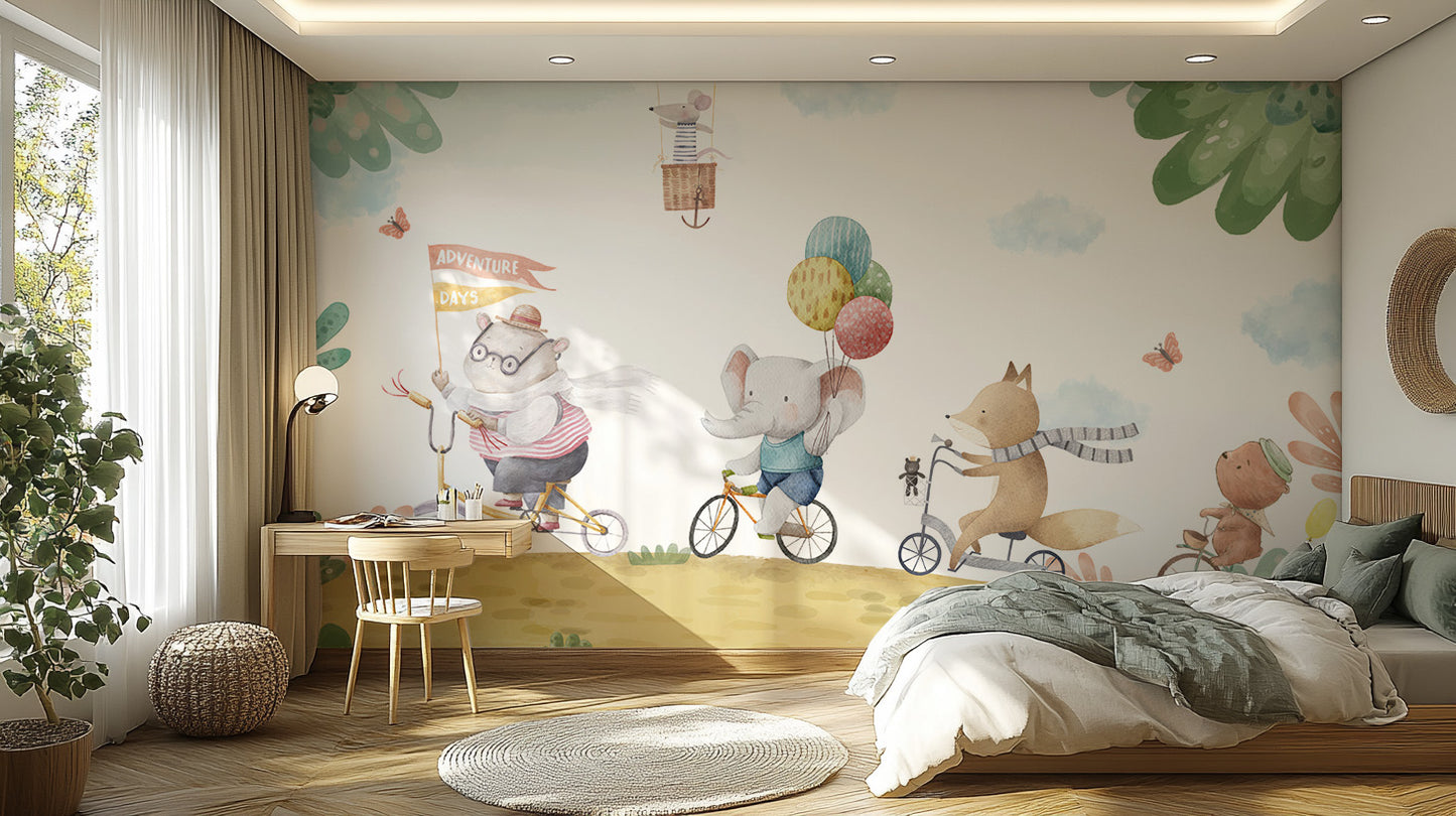 Self-adhesive animal bicycle mural for whimsical spaces