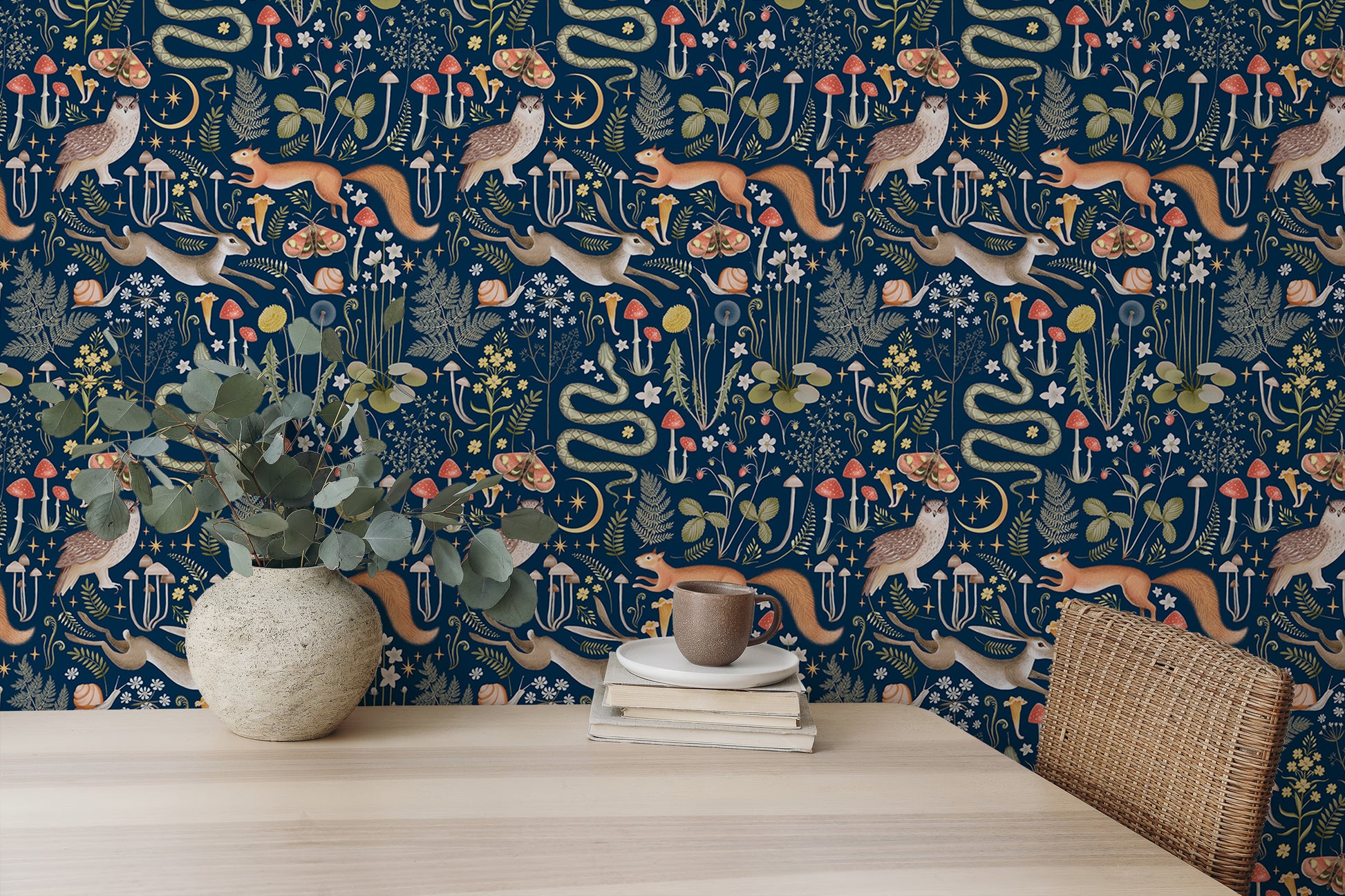 Whimsical forest wallpaper with fairies and deep blue tones