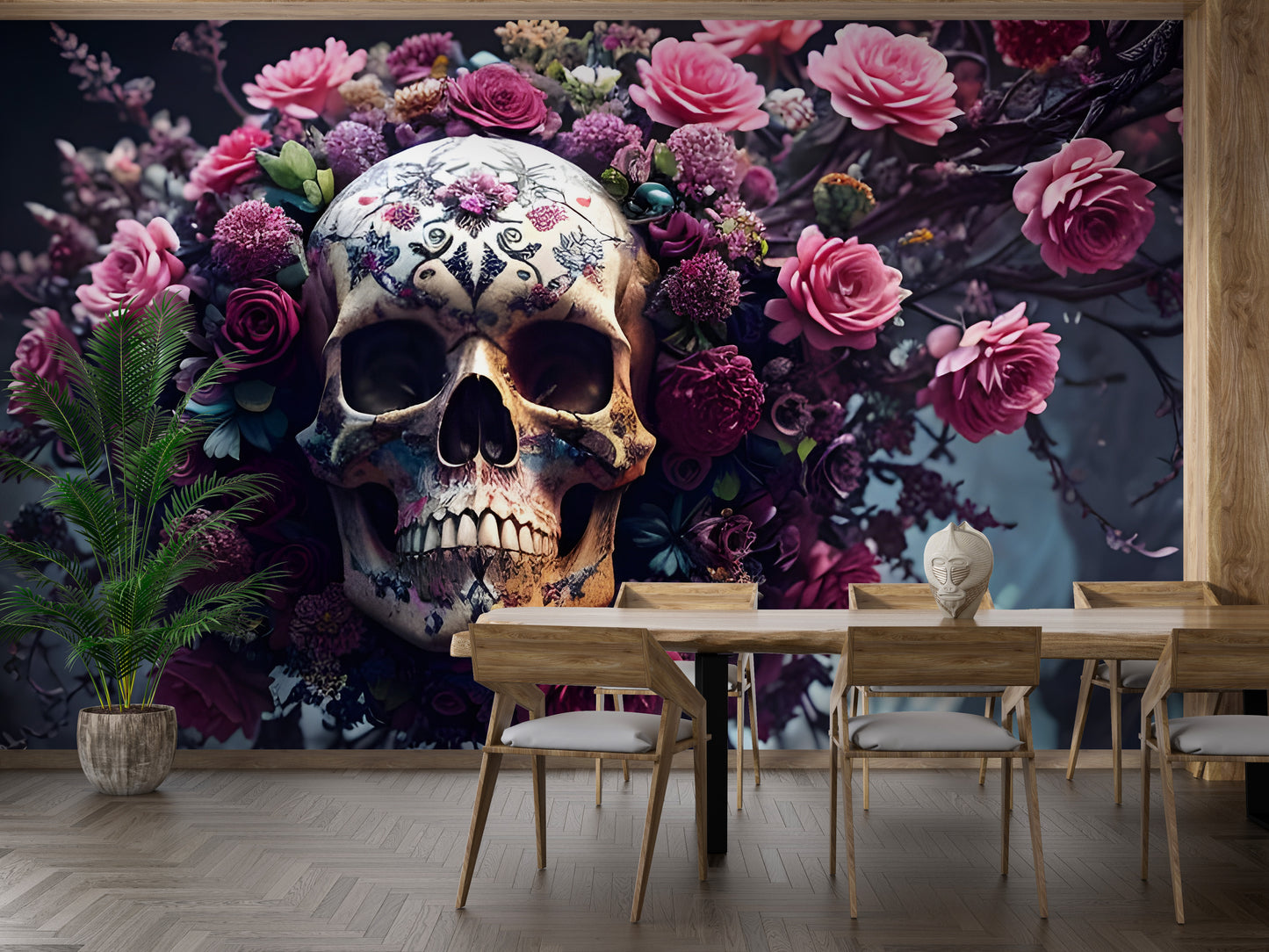 Unique Halloween decor with a floral skull mural
