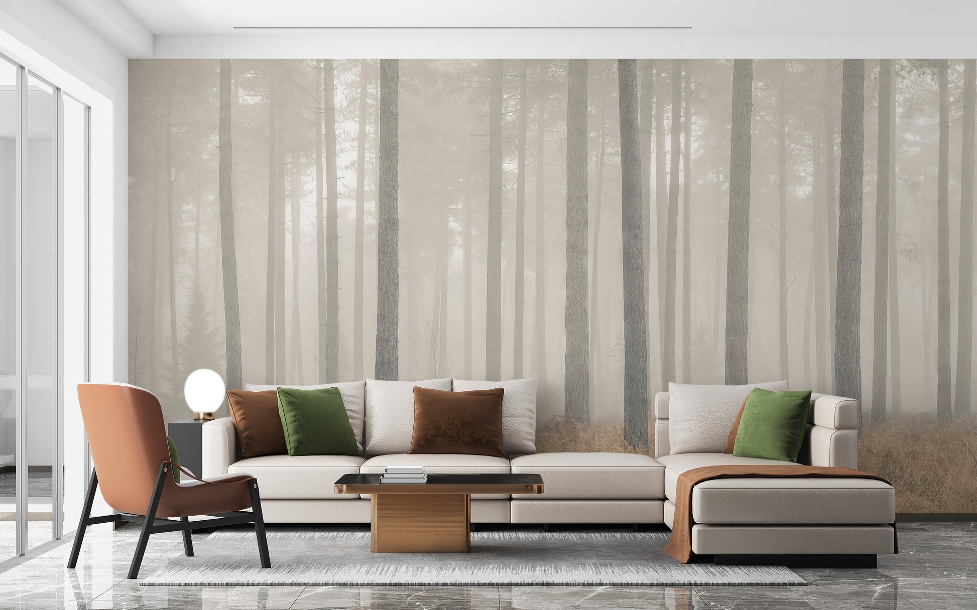 Misty forest scene peel-off mural for soothing wall design