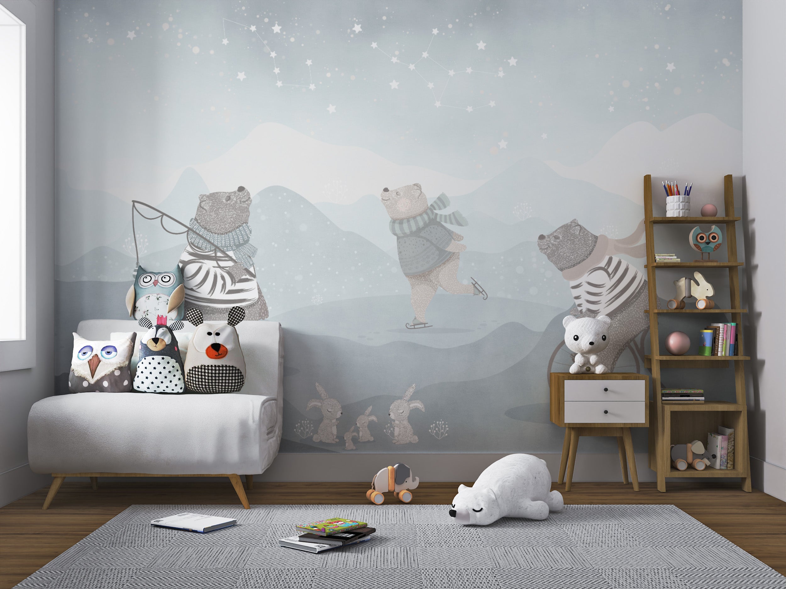 Charming mural of bears and twinkling stars for kids