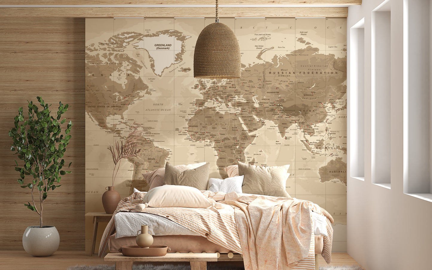 Antique-style brown map wallpaper mural for interiors