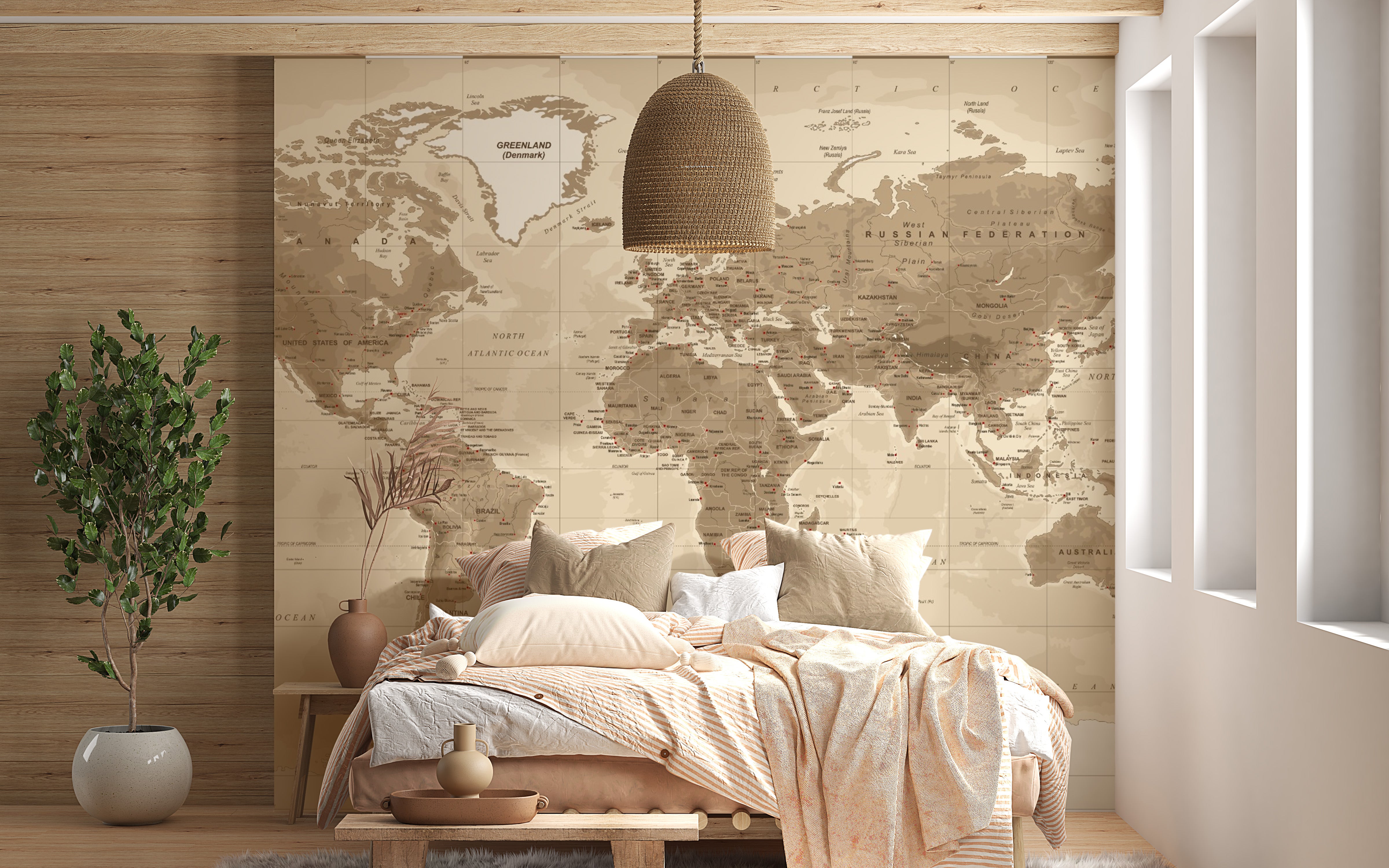 Antique-style brown map wallpaper mural for interiors