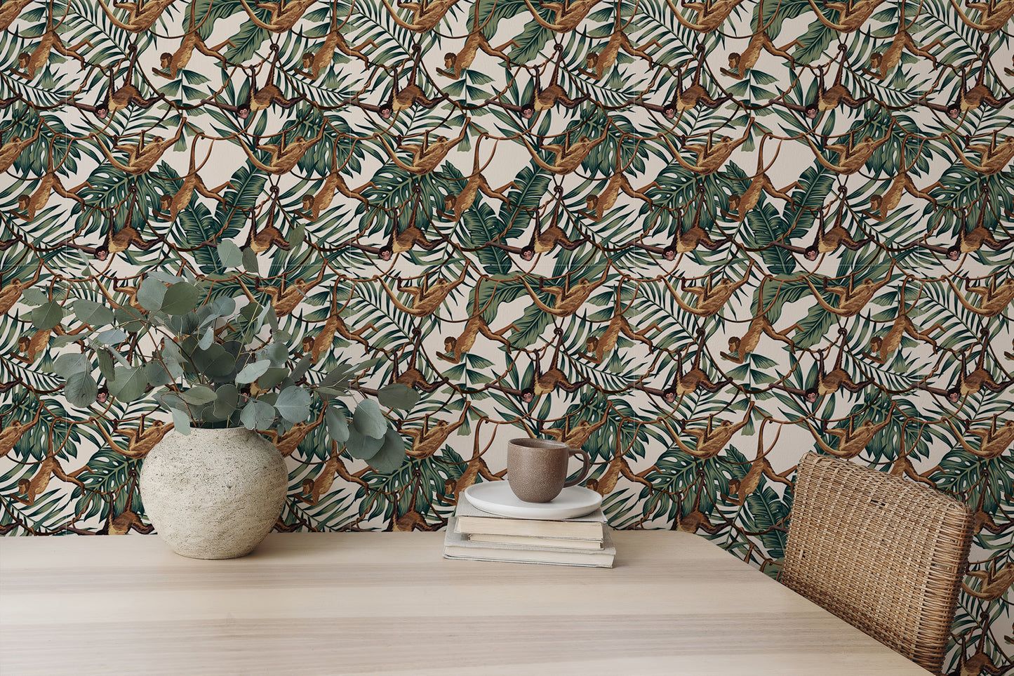 Fun repeat pattern wallpaper featuring playful monkeys