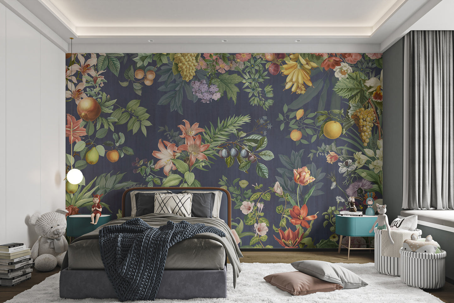 Botanical Floral and Fruit Wallpaper