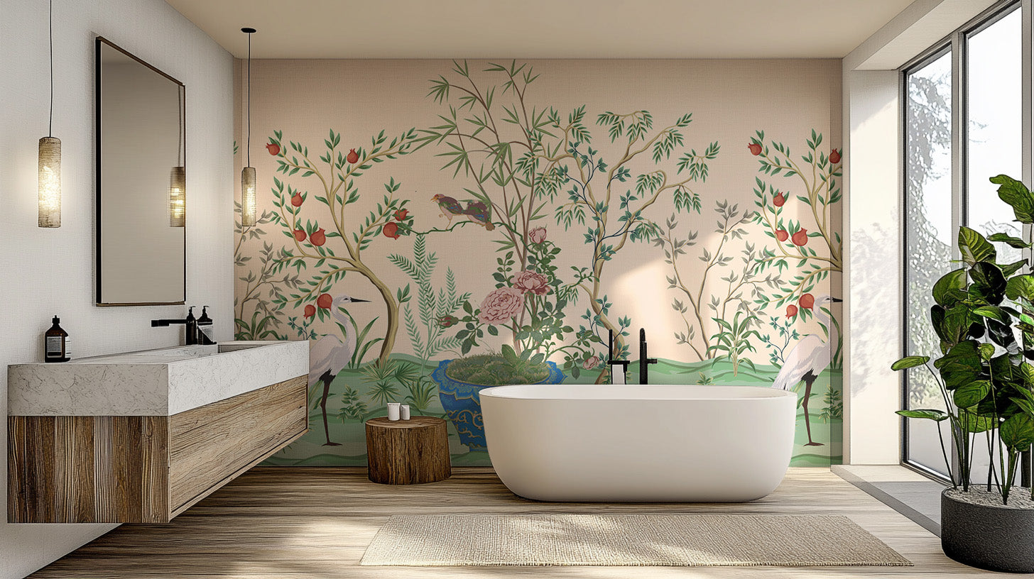 Chinese-inspired wallpaper mural with traditional vase design