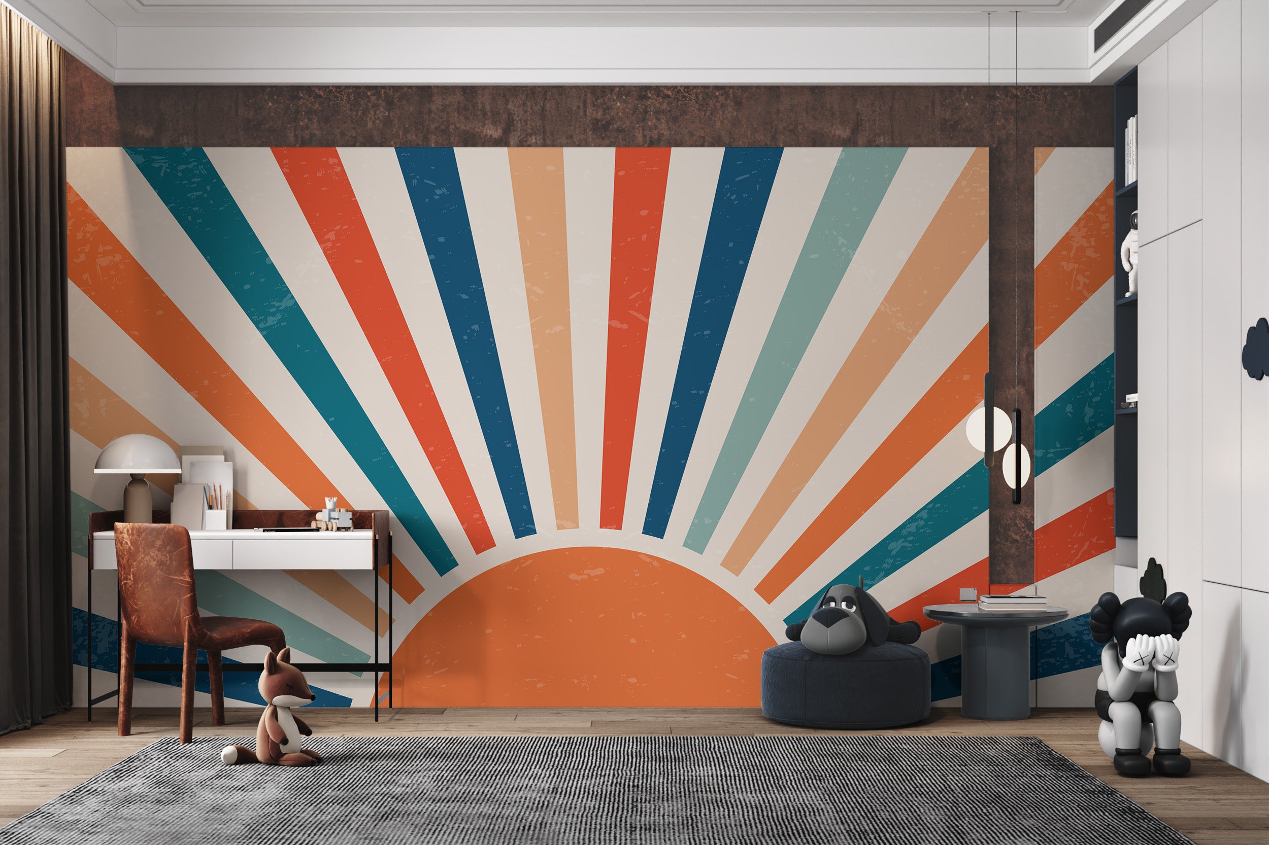 Distressed retro sun rays wall design
