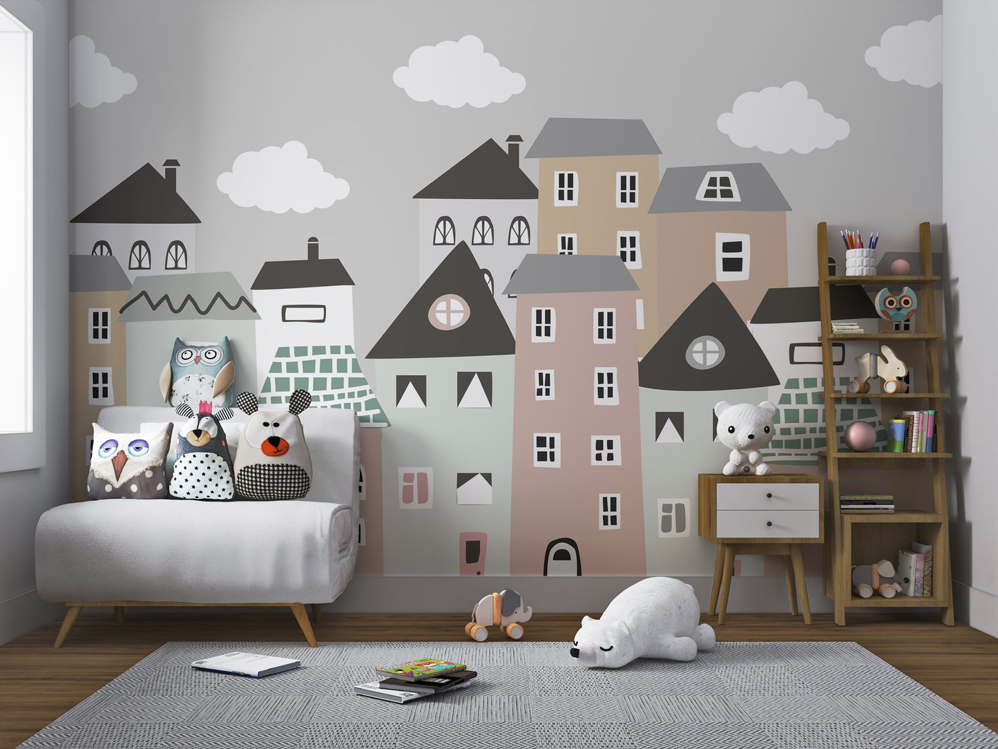 Charming nursery mural featuring playful house designs