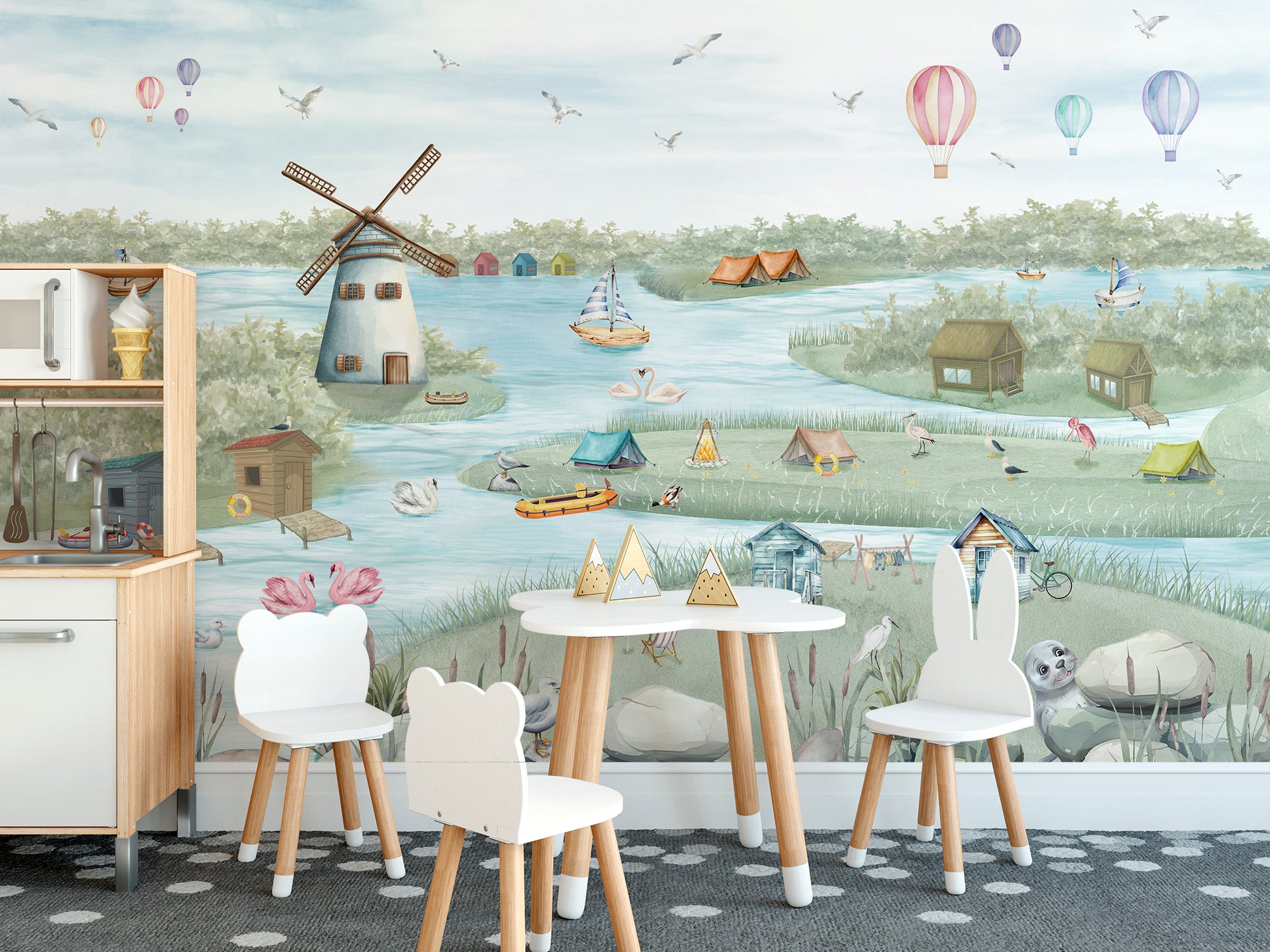 Colorful Boathouse Lakeside Wall Mural for a refreshing look