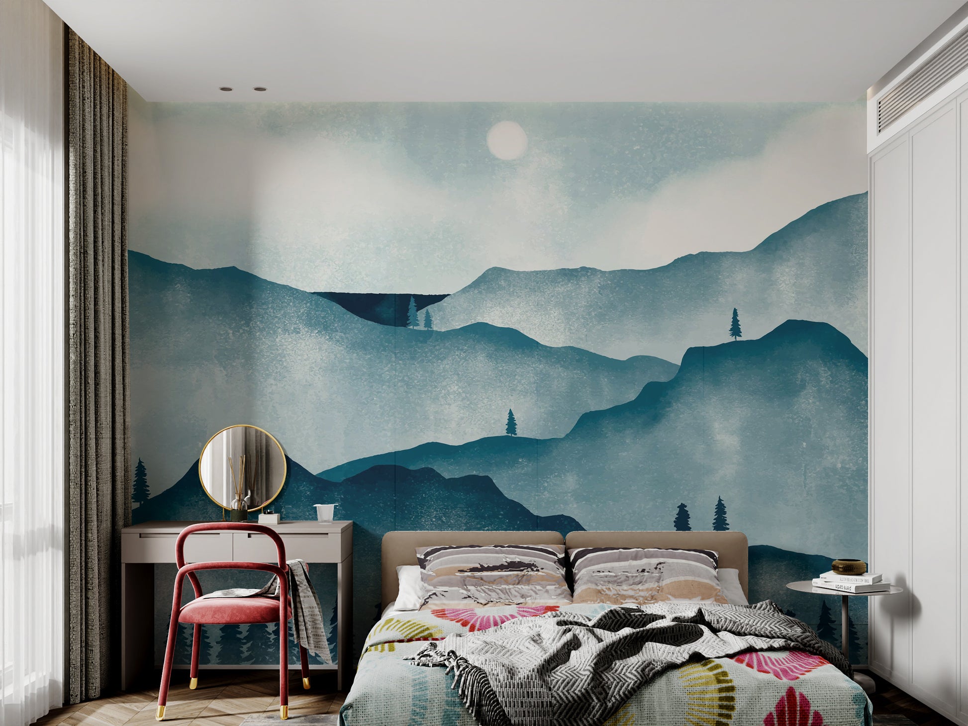 Soft watercolor mountain and forest mural for home walls
