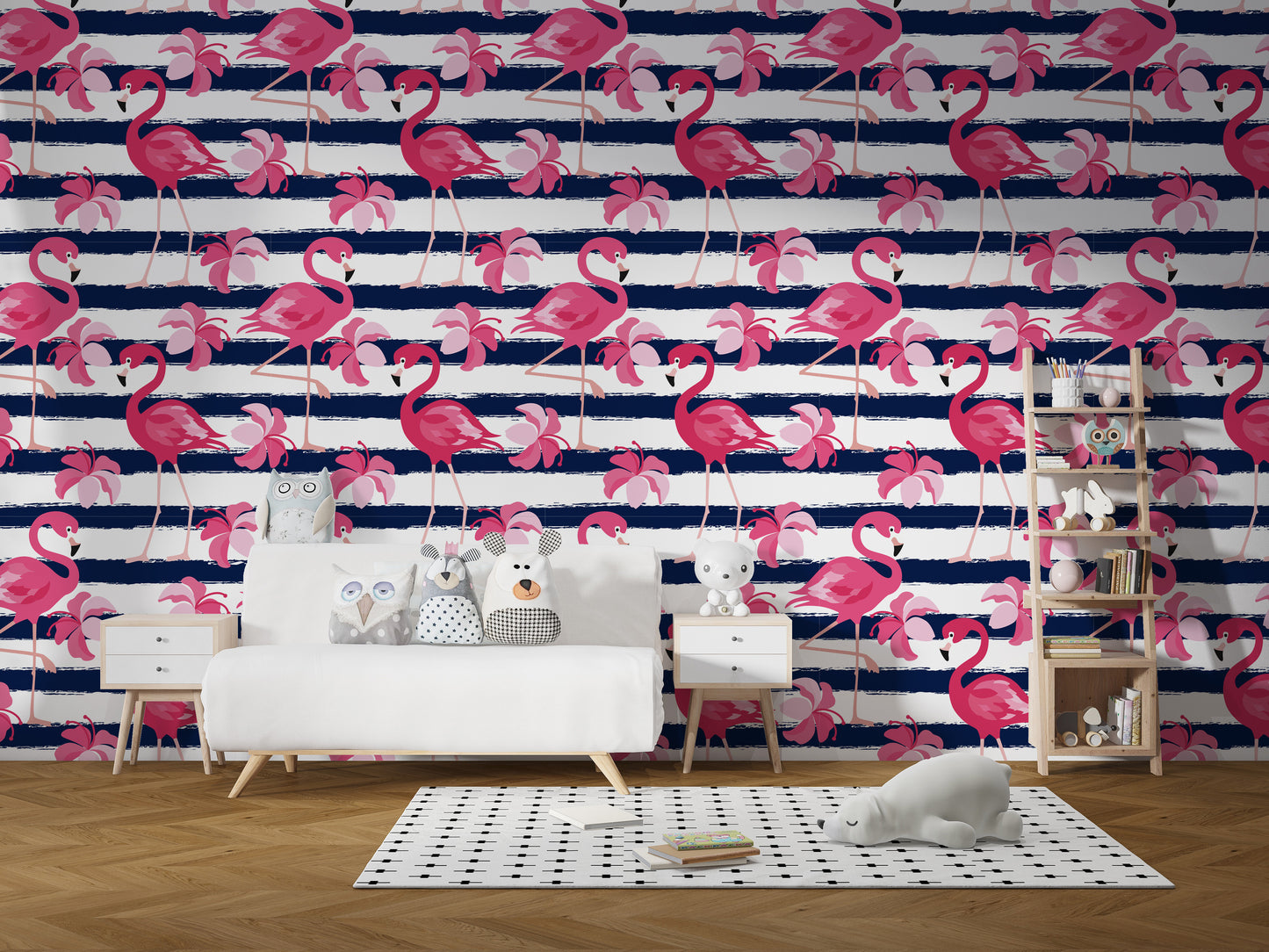 Flamingo Oasis in Blue Stripes Wallpaper