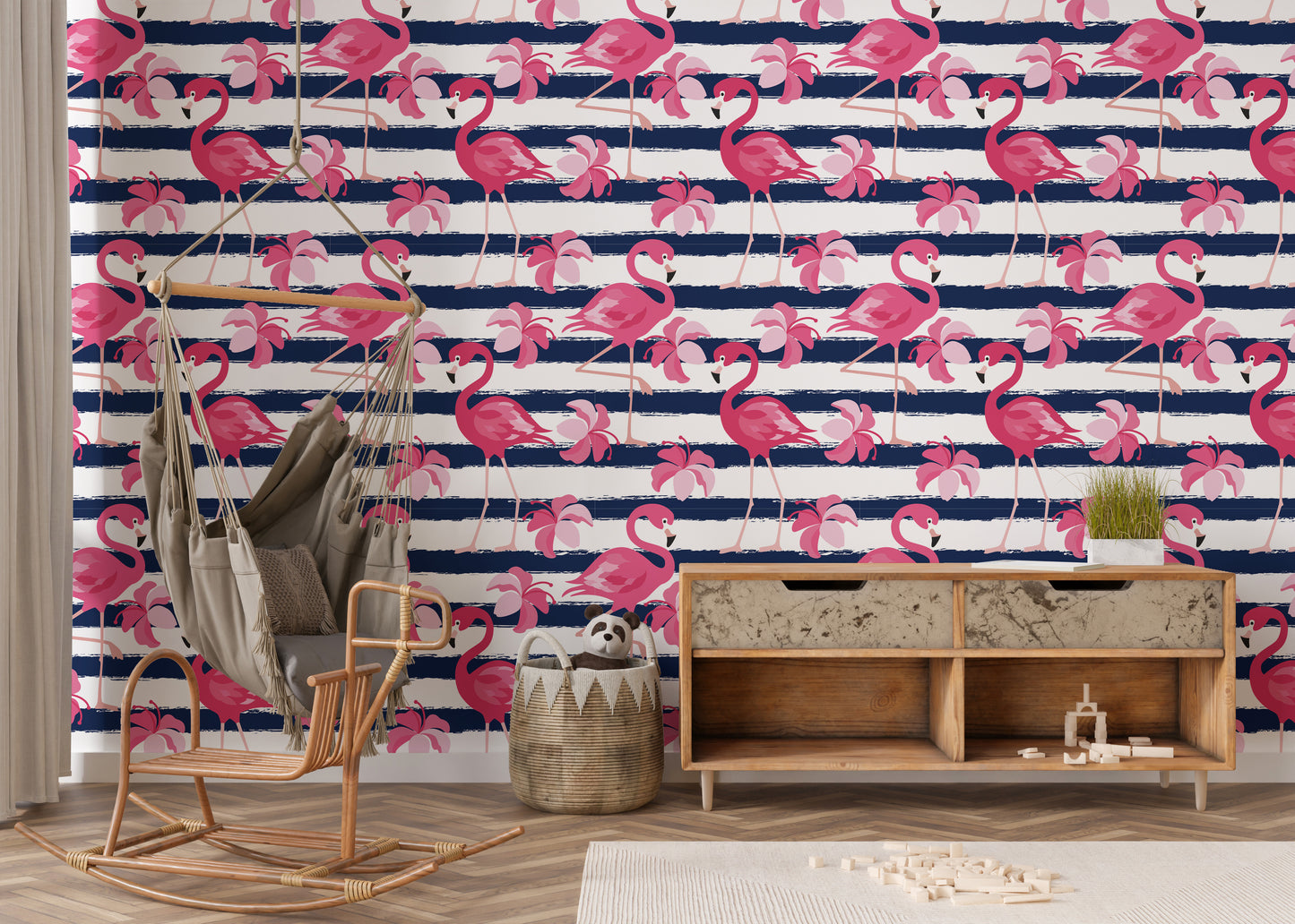 Flamingo Oasis in Blue Stripes Wallpaper