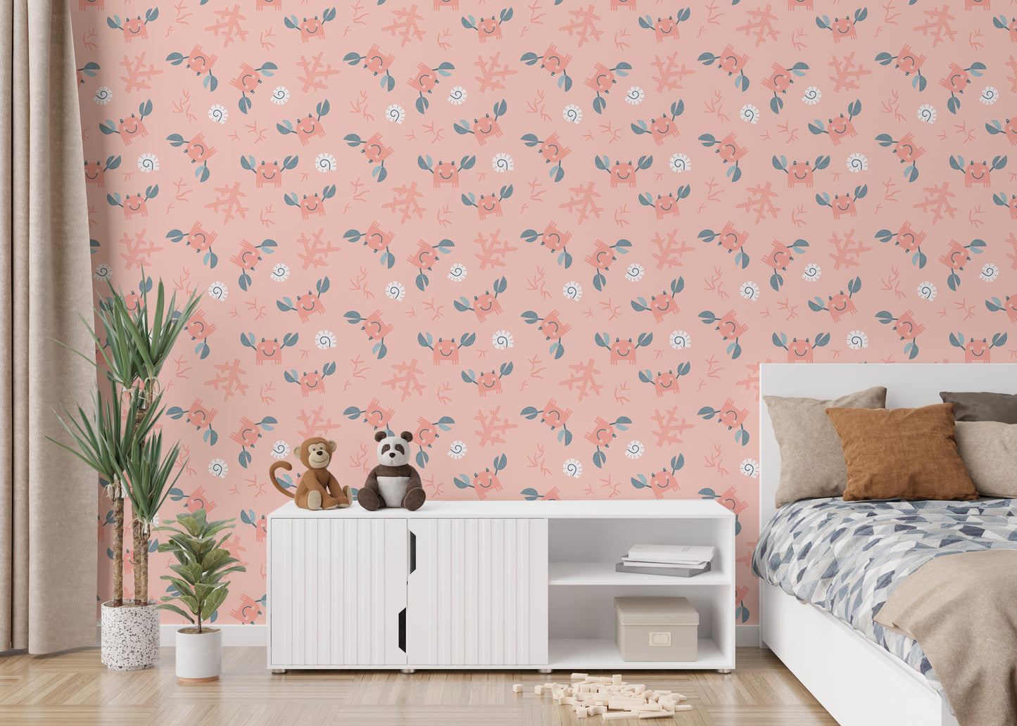 Cute Crab Sea Shells Pink Pastel Color Kids Room Wallpaper