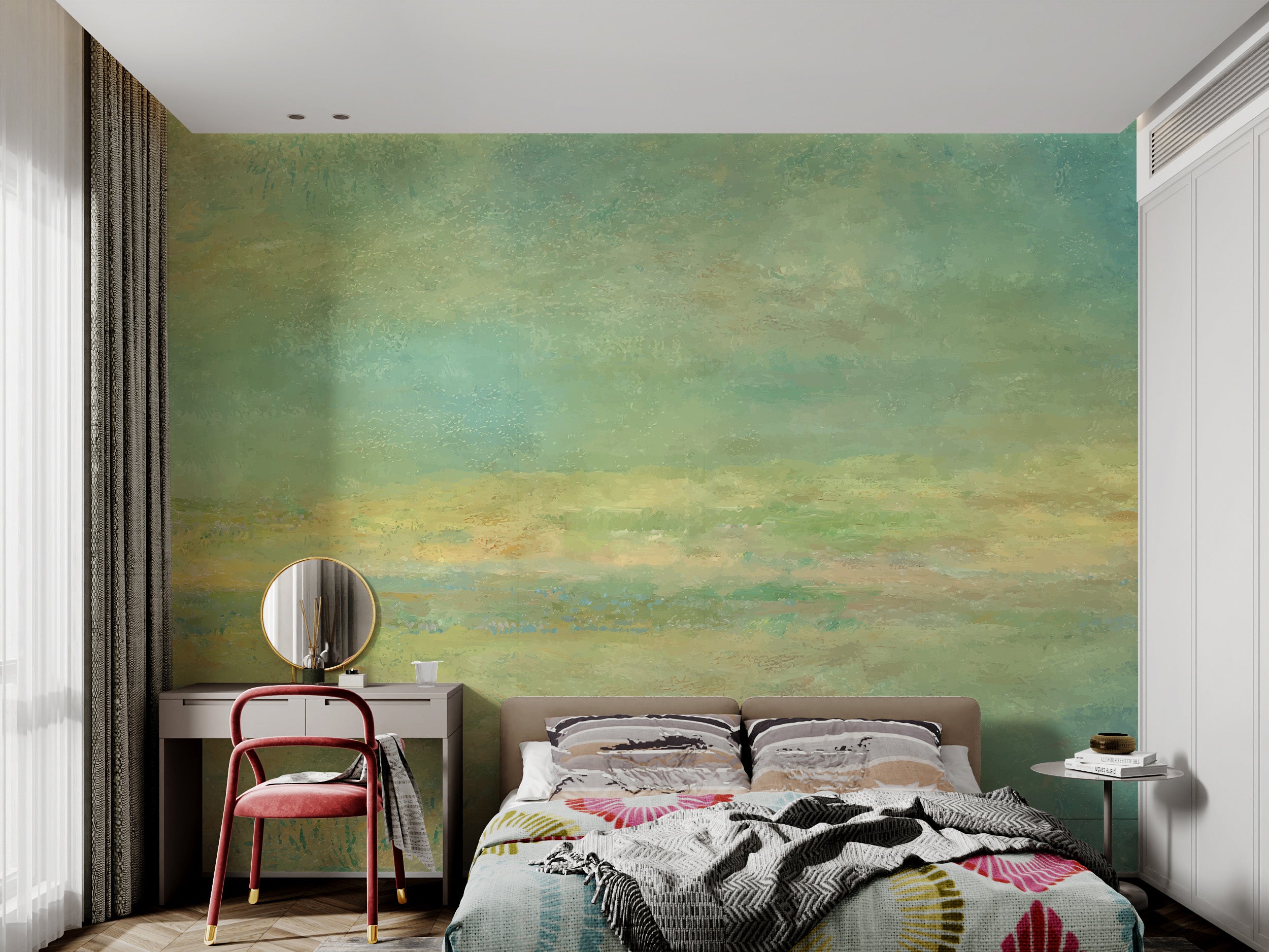 Misty meadow wallpaper design with subtle watercolor strokes
