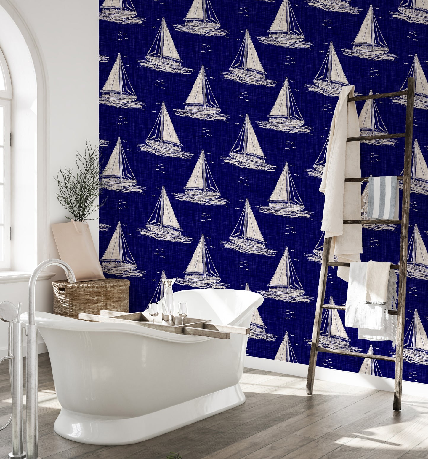 Blue and White Nautical Navy Sailing Boat Burlap Linen Wallpaper