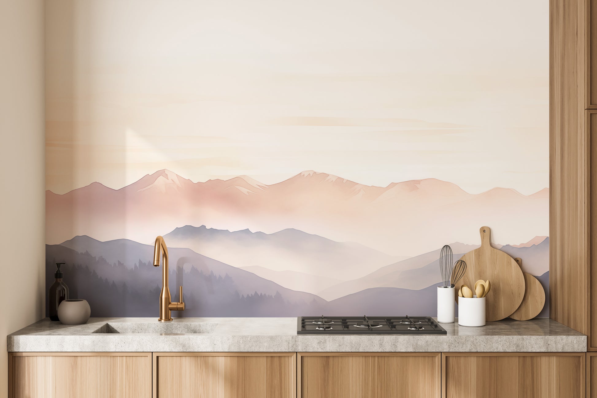 Dreamy foggy hills mural for a relaxing room ambiance.
