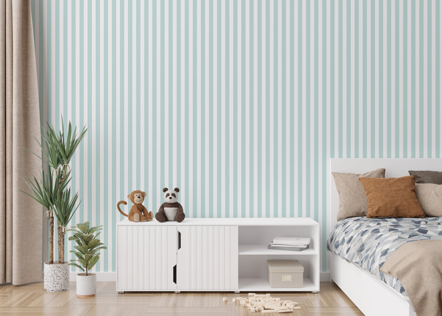 Preppy Wide Vertical Stripe Turquoise and White Color Wallpaper