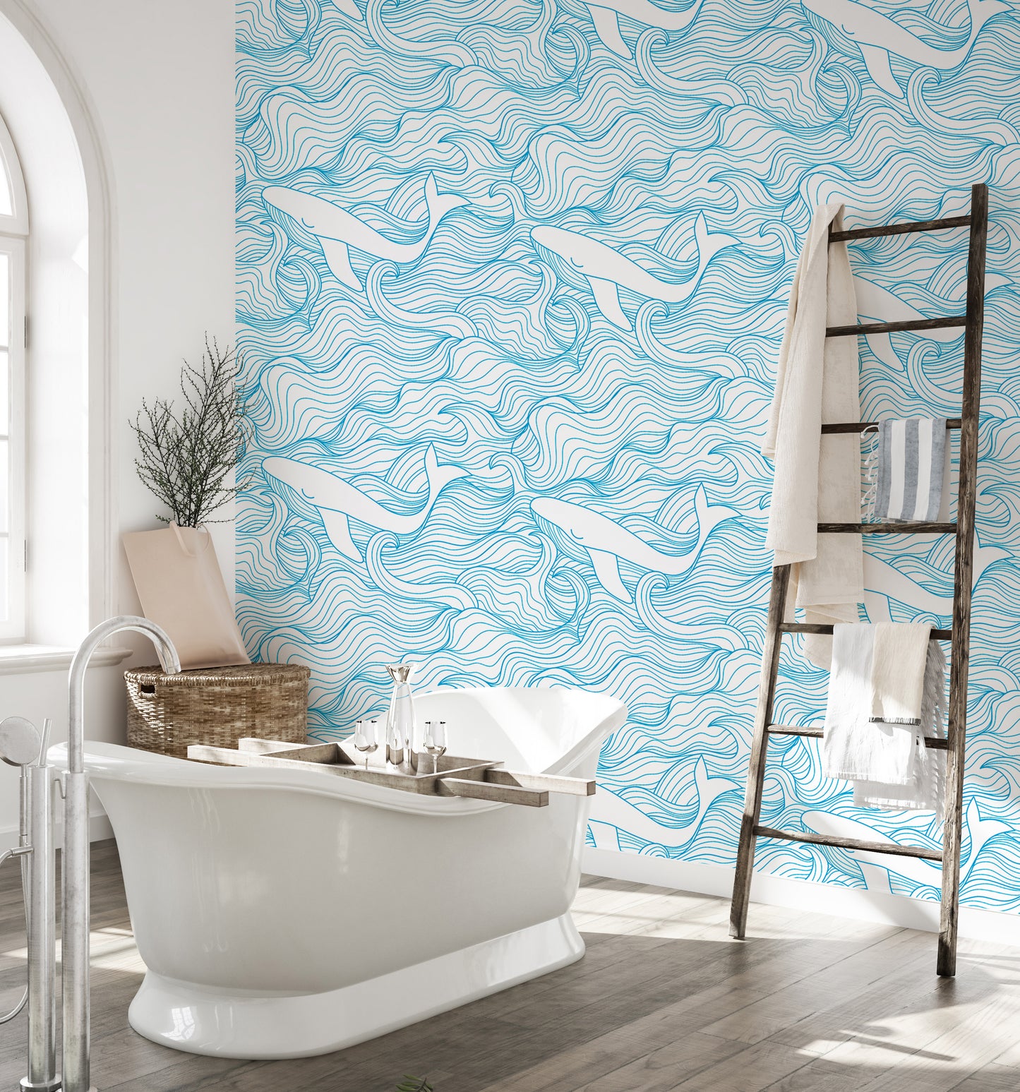 Light Blue Pattern Stormy Waves and Whales Wallpaper