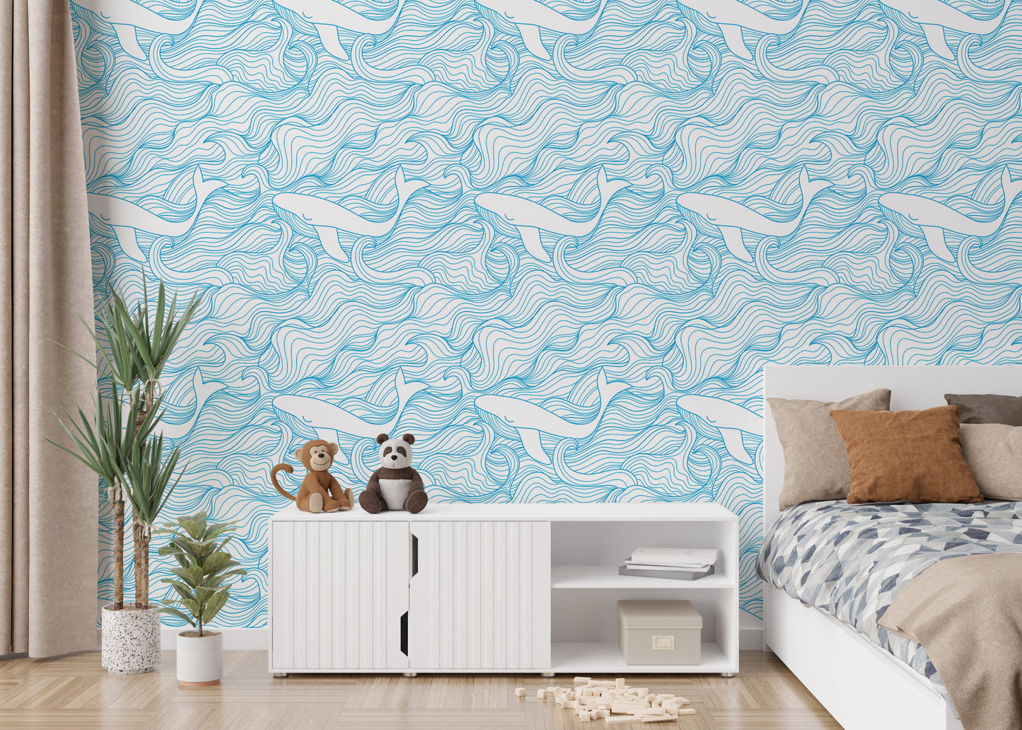 Light Blue Pattern Stormy Waves and Whales Wallpaper