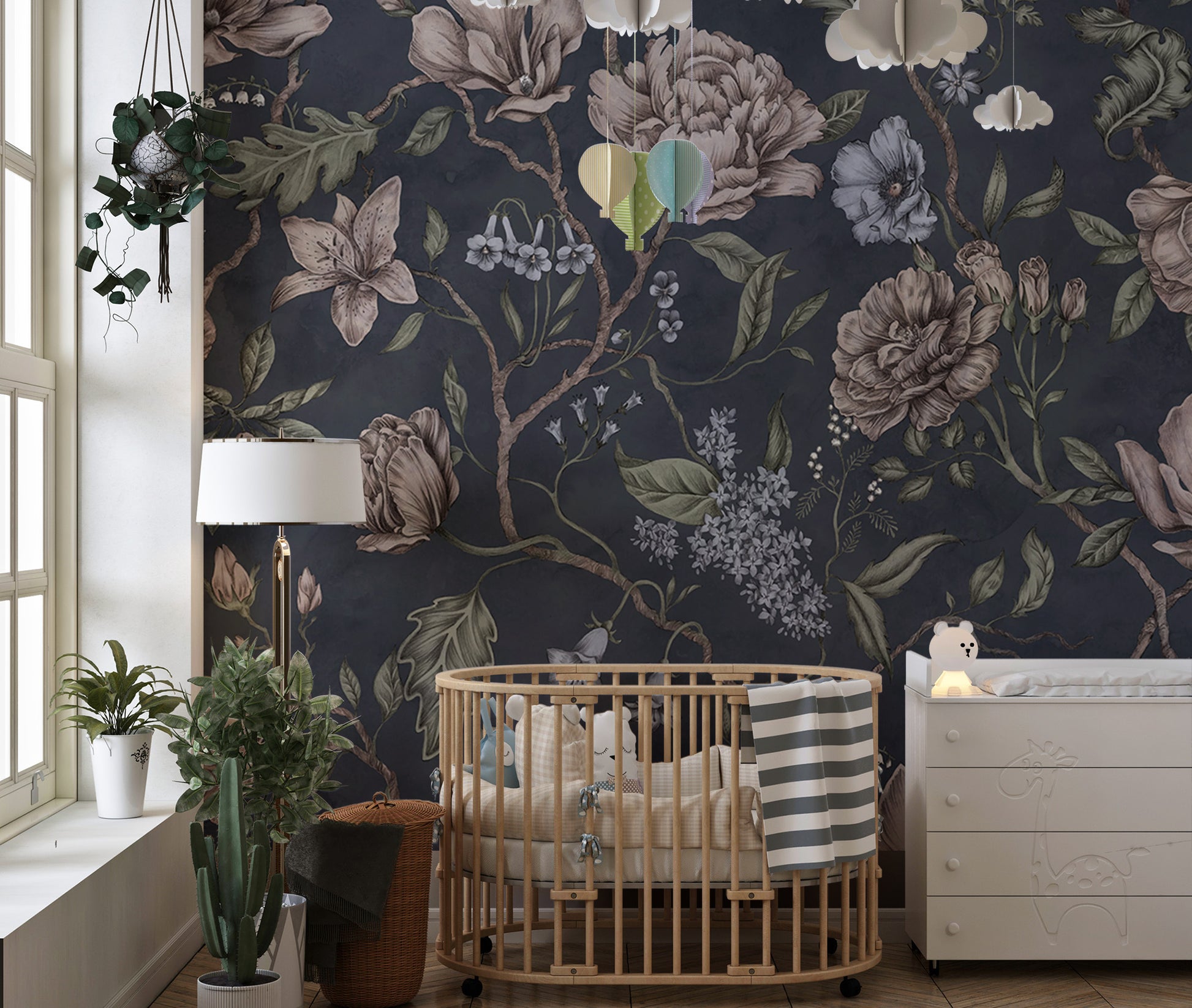 Luxurious chinoiserie mural in dark blue for timeless walls