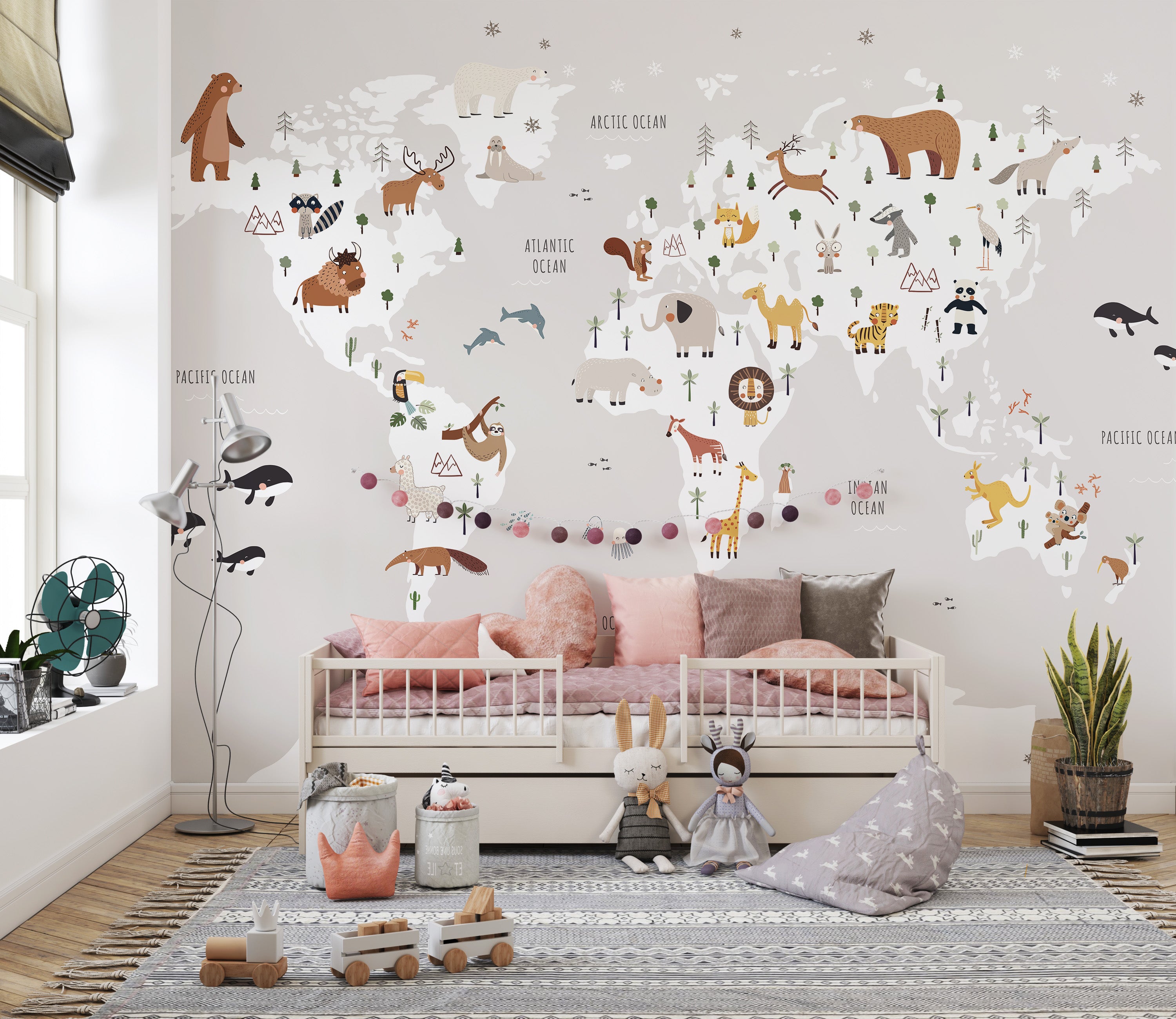 Gray wallpaper mural with animals and a world map
