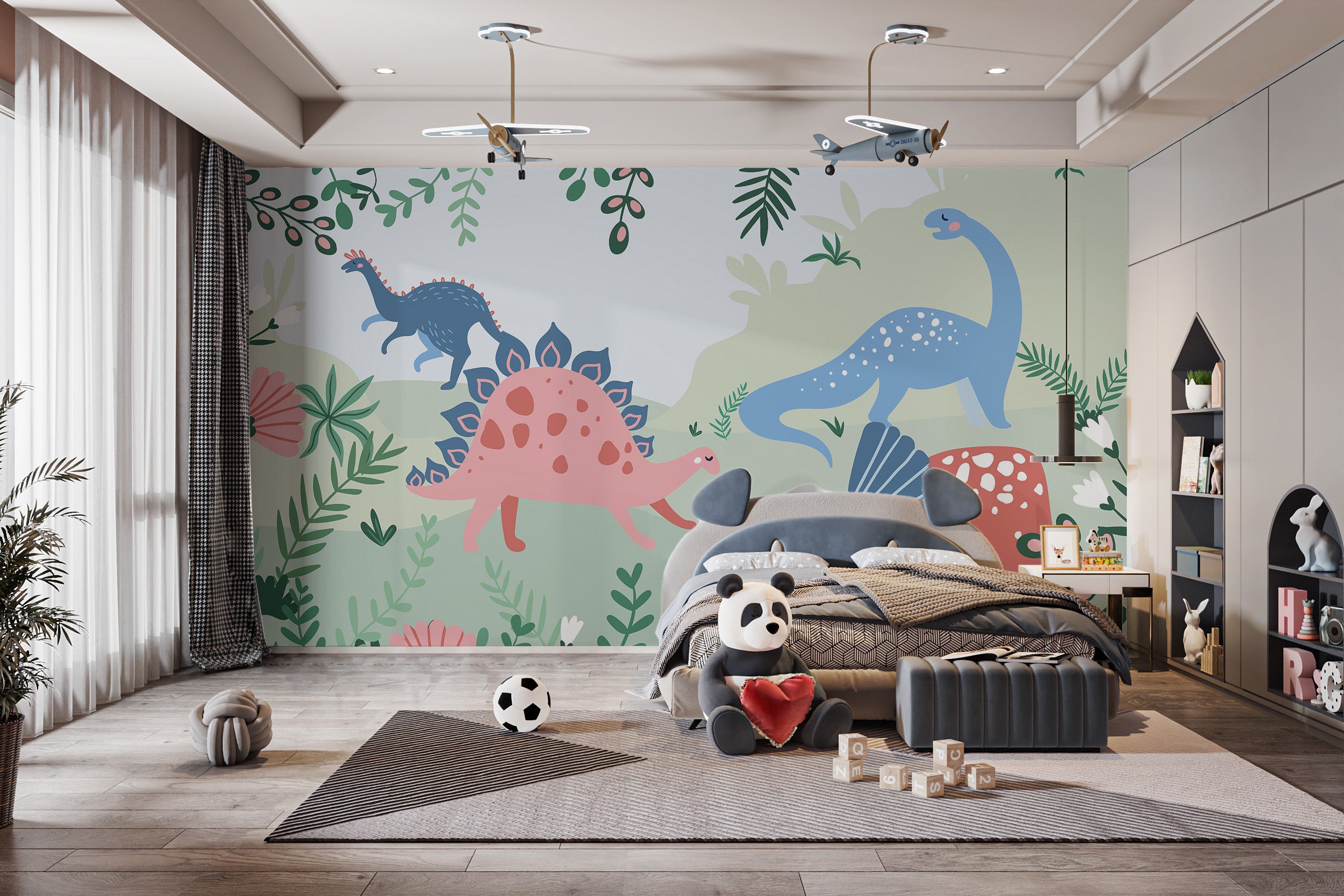 Jurassic Park dinosaur mural for a thrilling kids' space.
