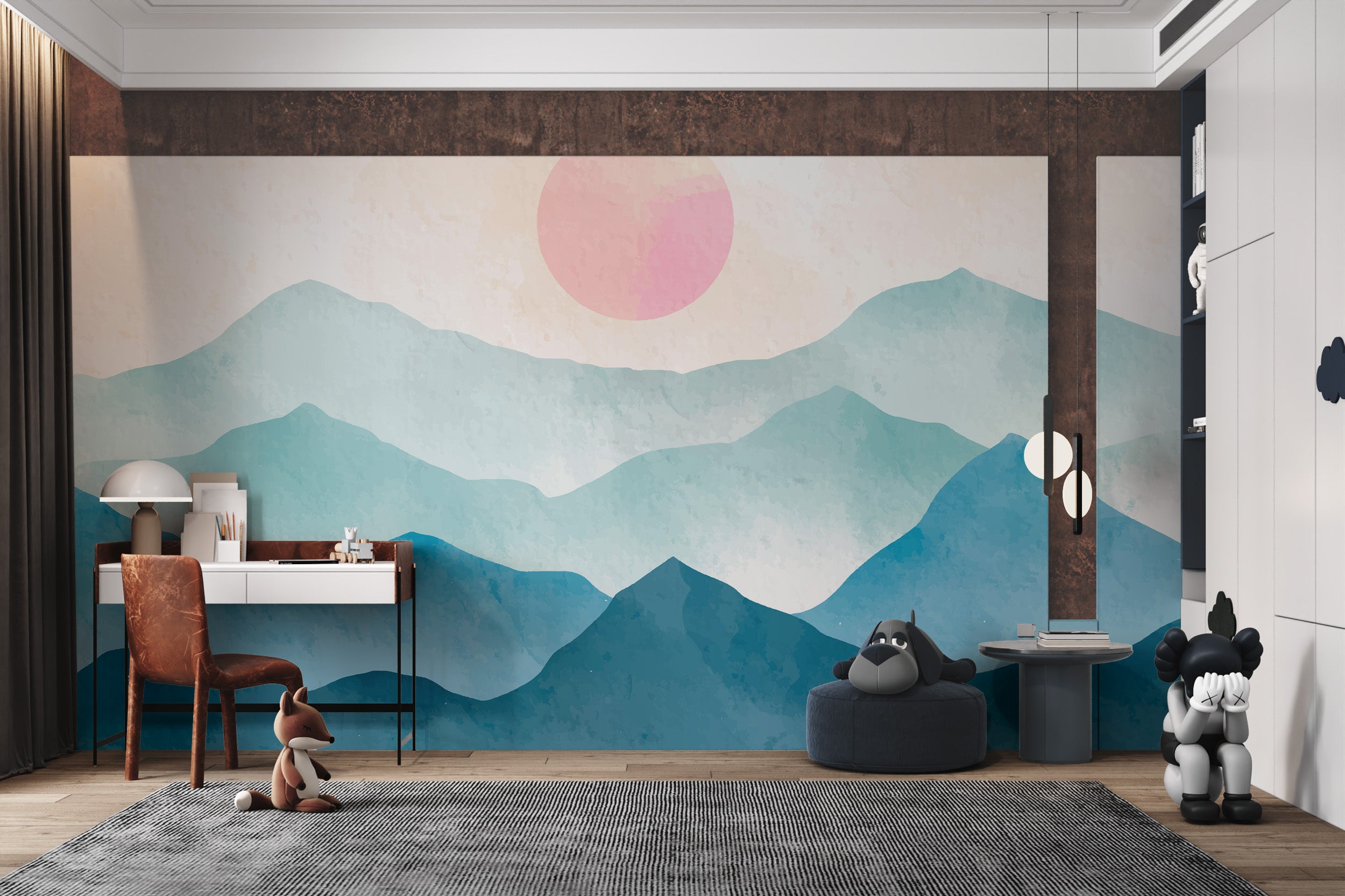 Subtle watercolor mountain sunrise mural for living rooms
