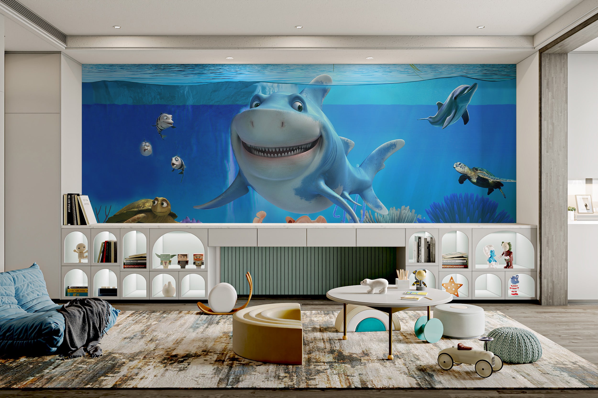 3D mural of sharks swimming in ocean depths