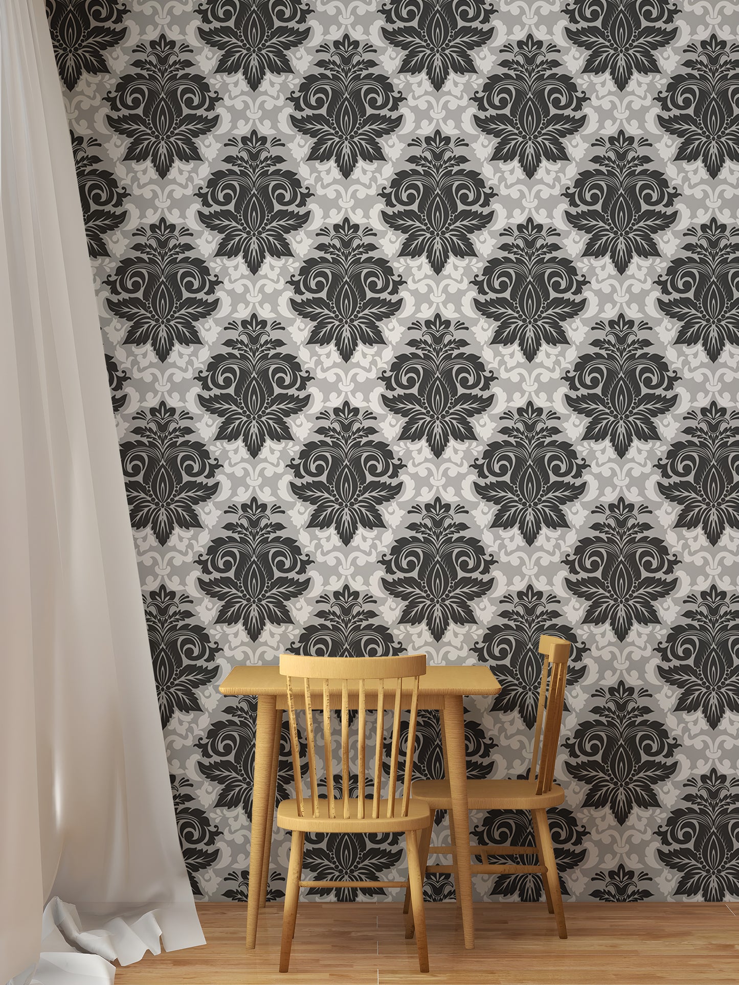 Black and White Greyish Damask Self Adhesive Wallpaper