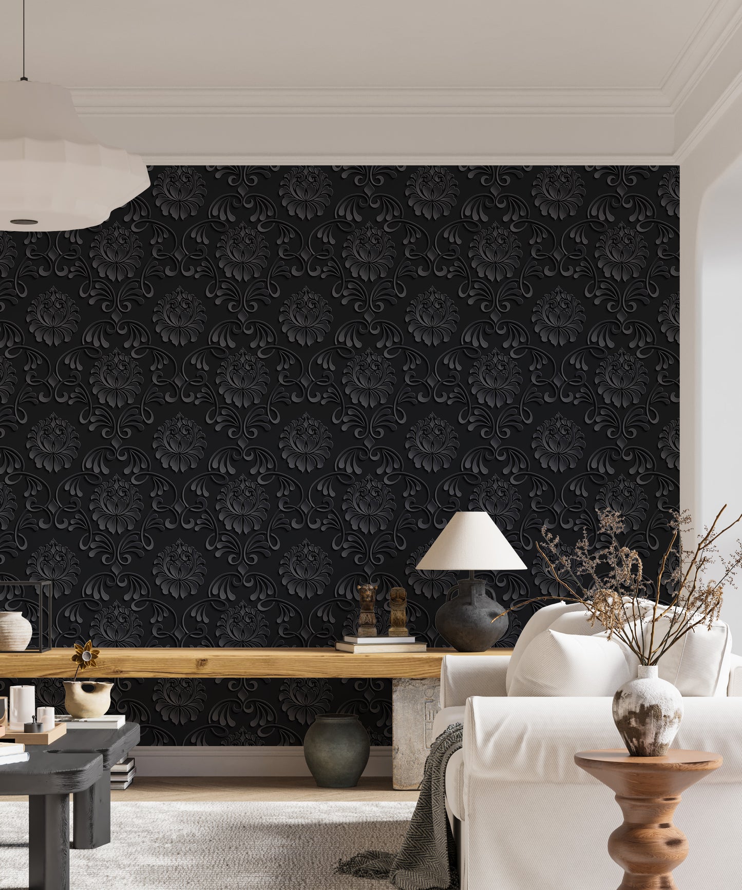 Black Color Abstract Pattern Damask Livingroom Wallpaper