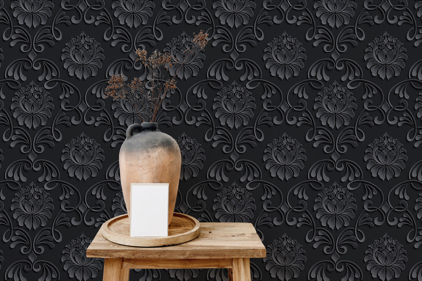 Black Color Abstract Pattern Damask Livingroom Wallpaper