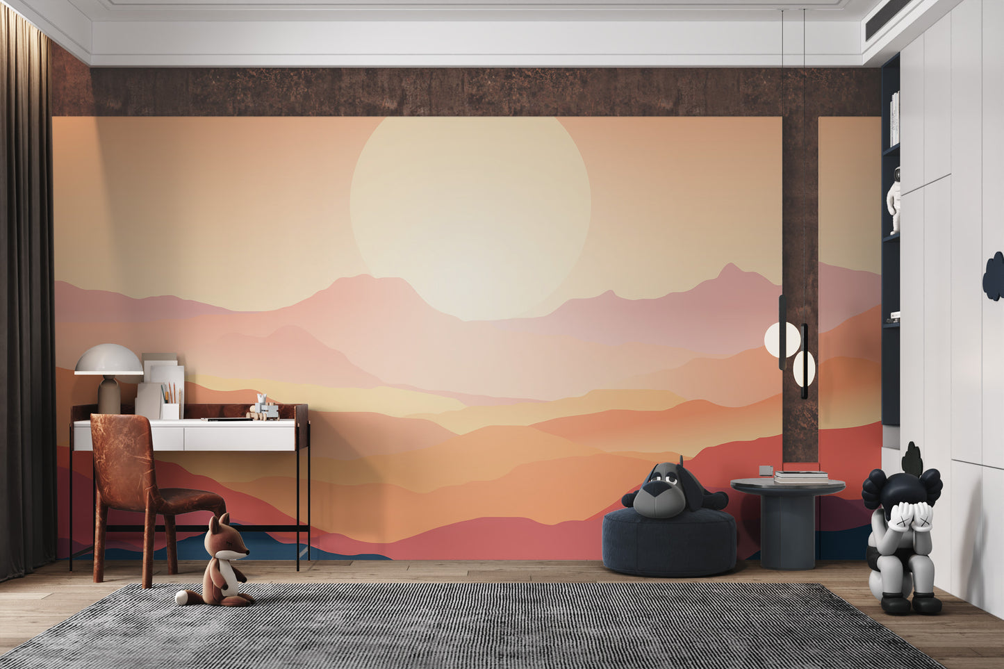 Layered mountain silhouette design in sunset hues
