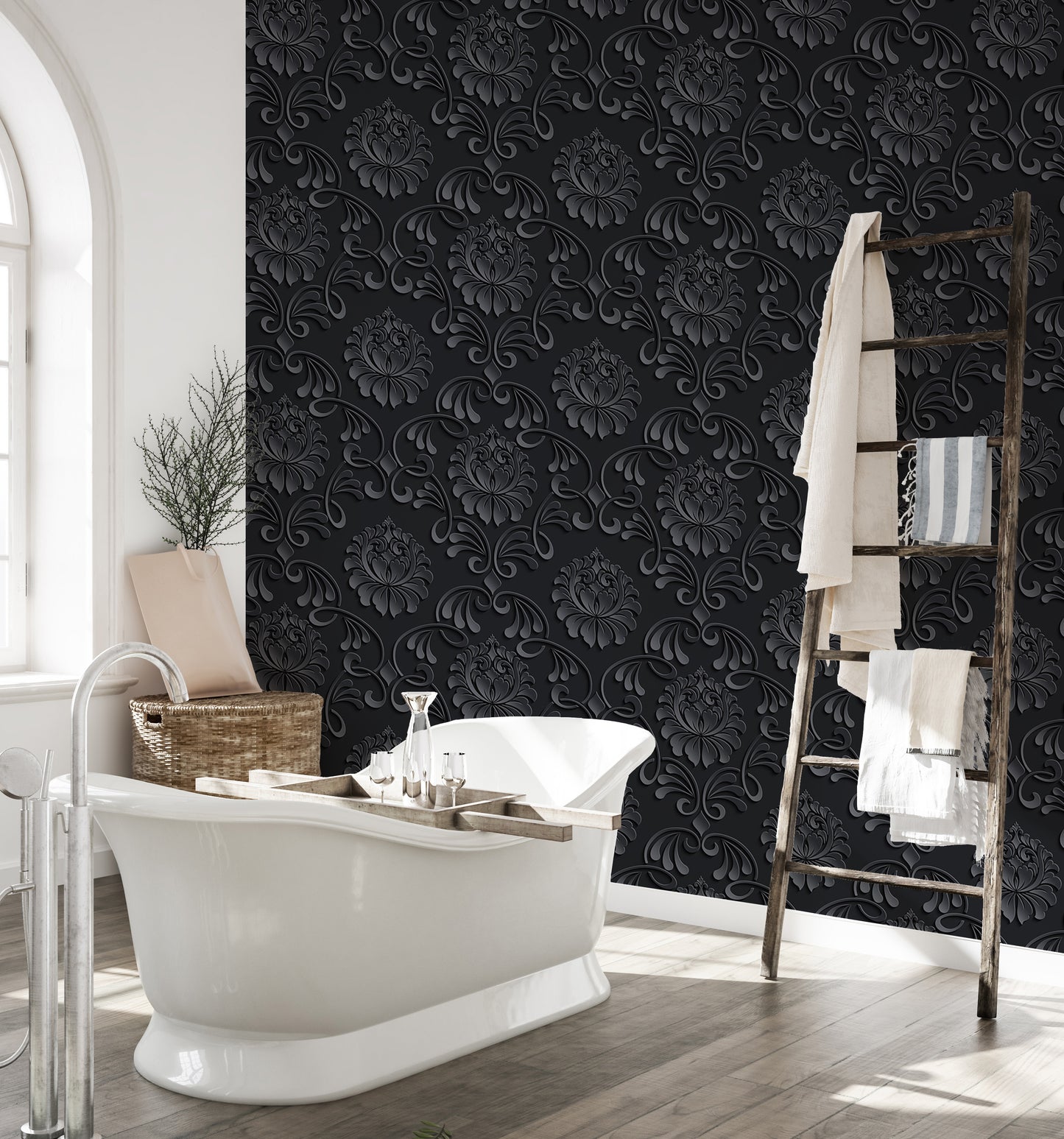 Black Color Abstract Pattern Damask Livingroom Wallpaper