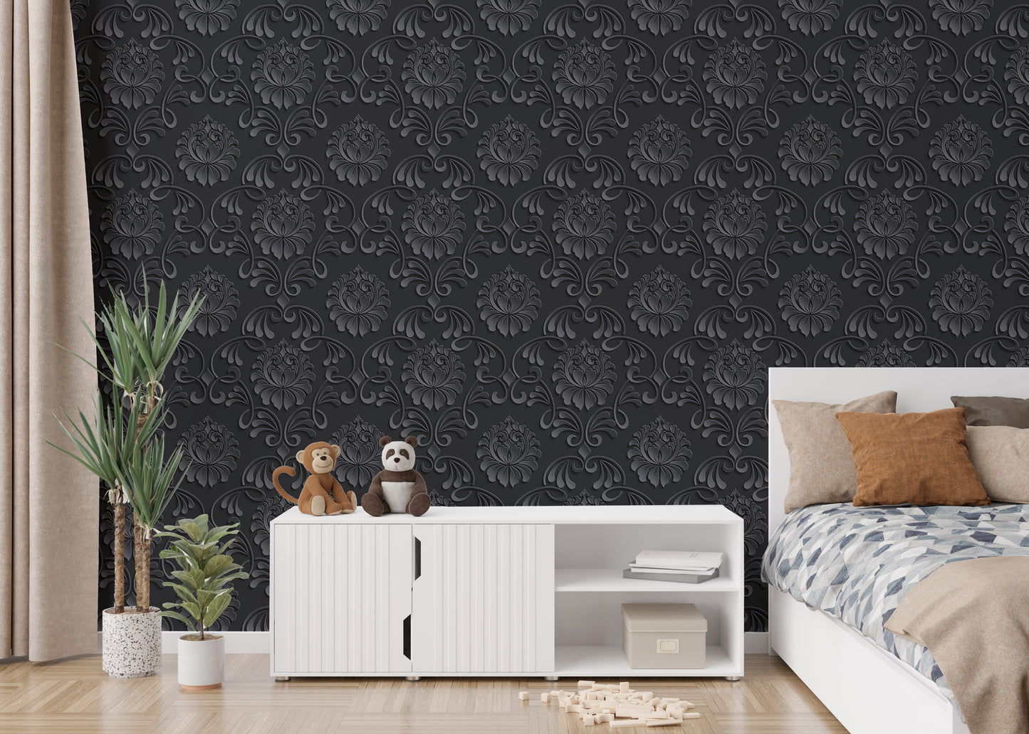 Black Color Abstract Pattern Damask Livingroom Wallpaper