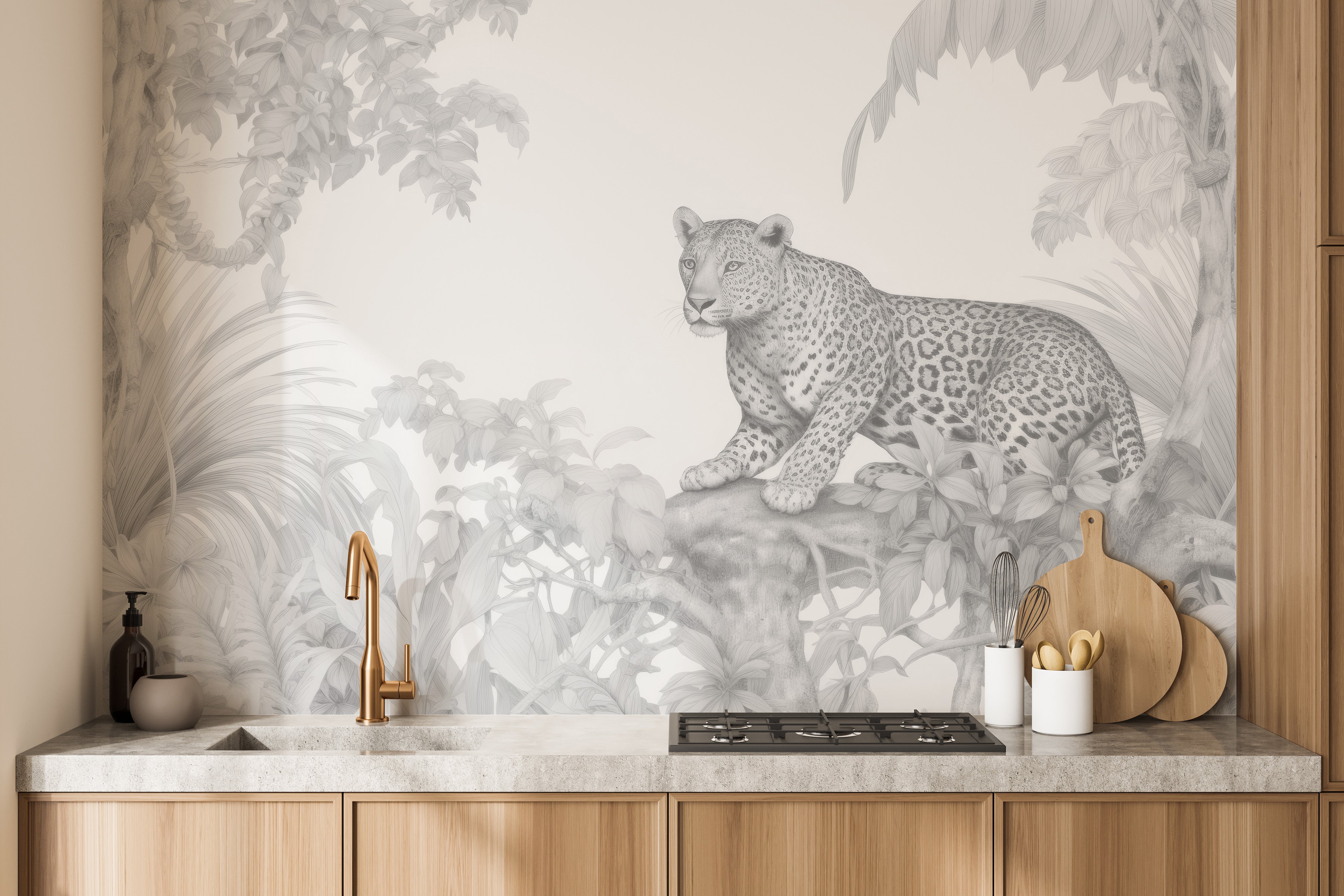 Peaceful leopard resting in forest wall mural for decor
