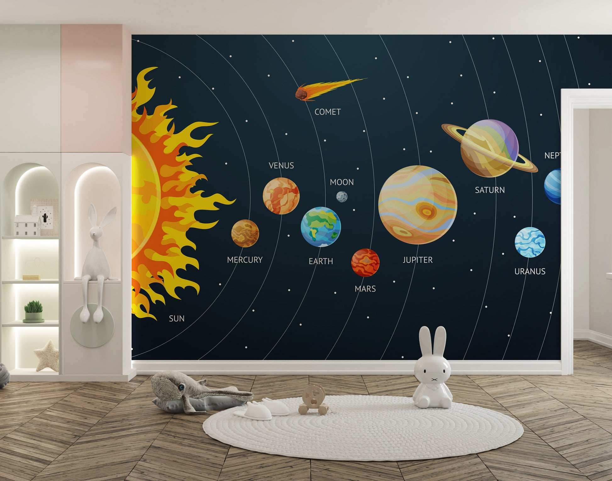 Space-themed wallpaper mural of planets
