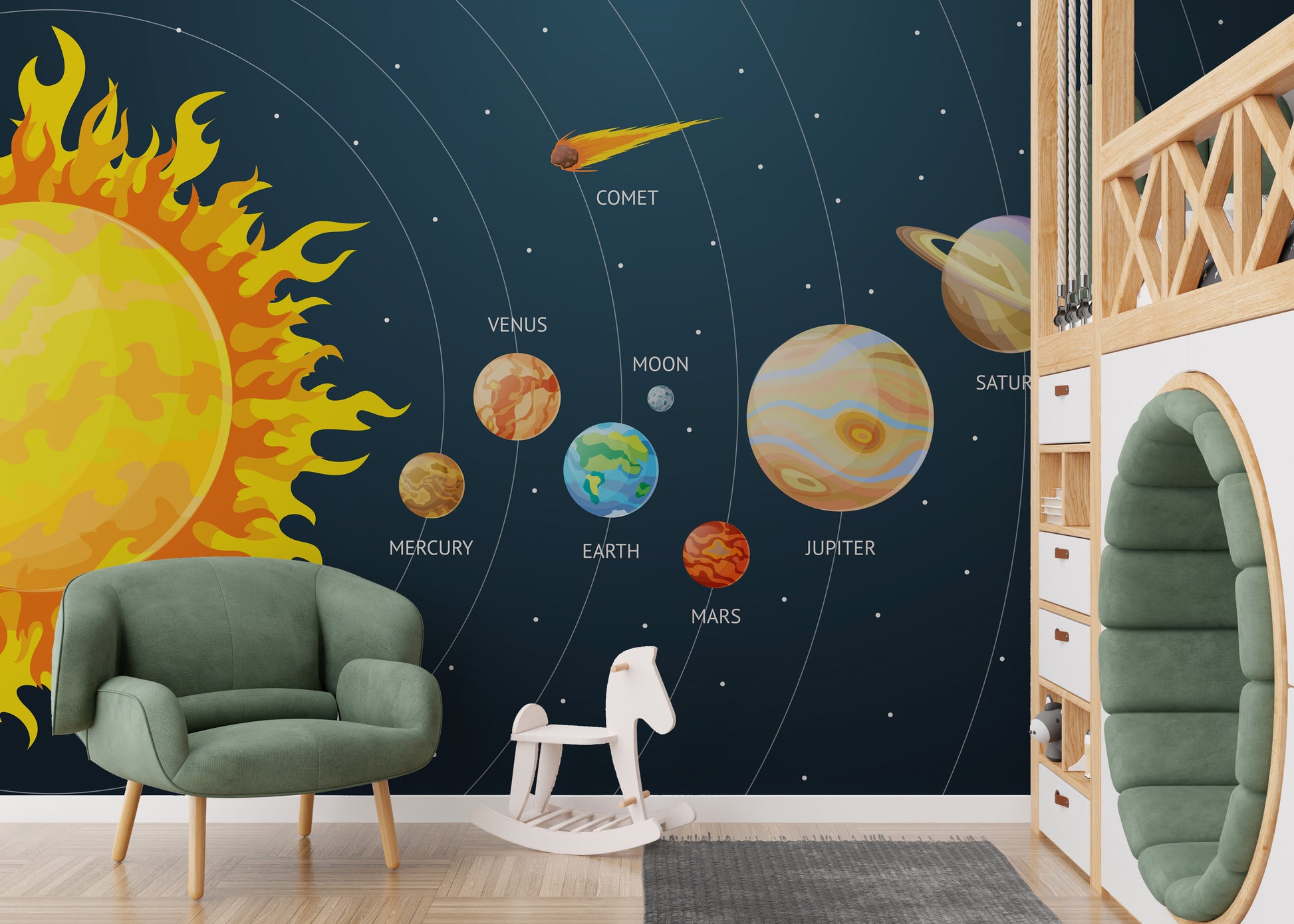 Planetary journey mural wallpaper design
