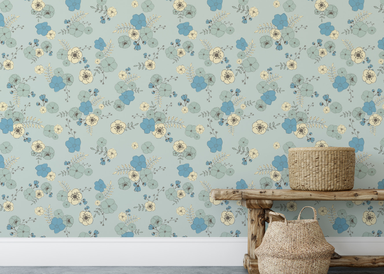 Ditsy Blooms Pastel Blue Wallpaper