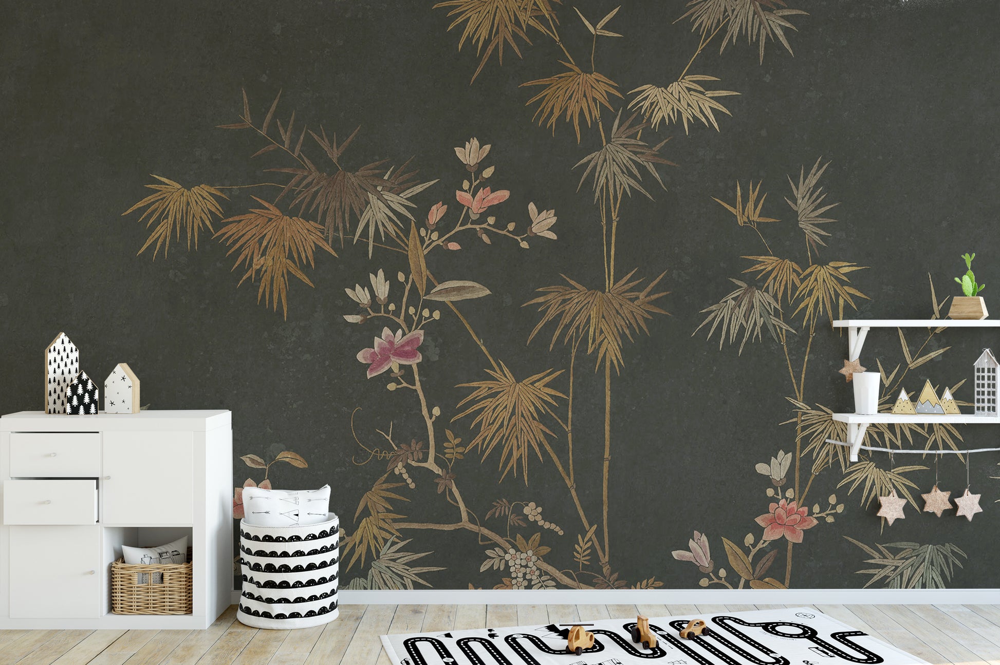 Artistic chinoiserie wallpaper with bamboo garden design
