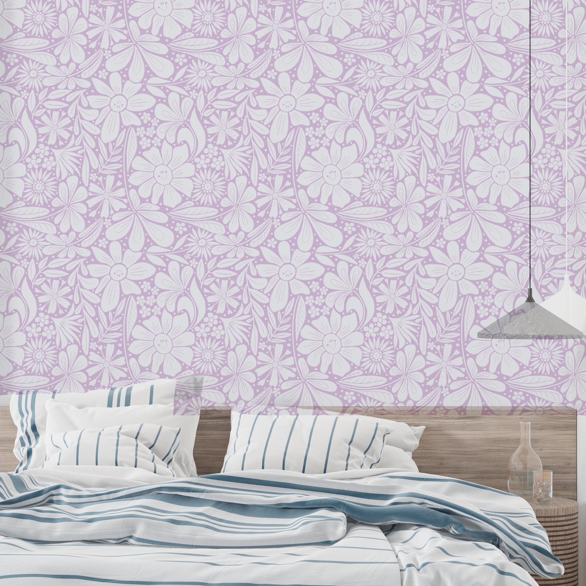 Happy blooms floral motif wallpaper in soft lilac shades
