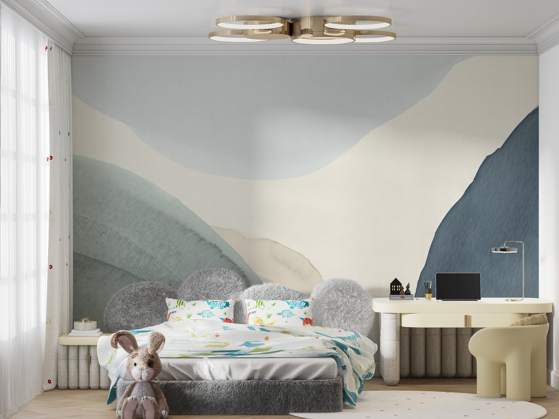 Abstract blue shapes mural for a calming interior look
