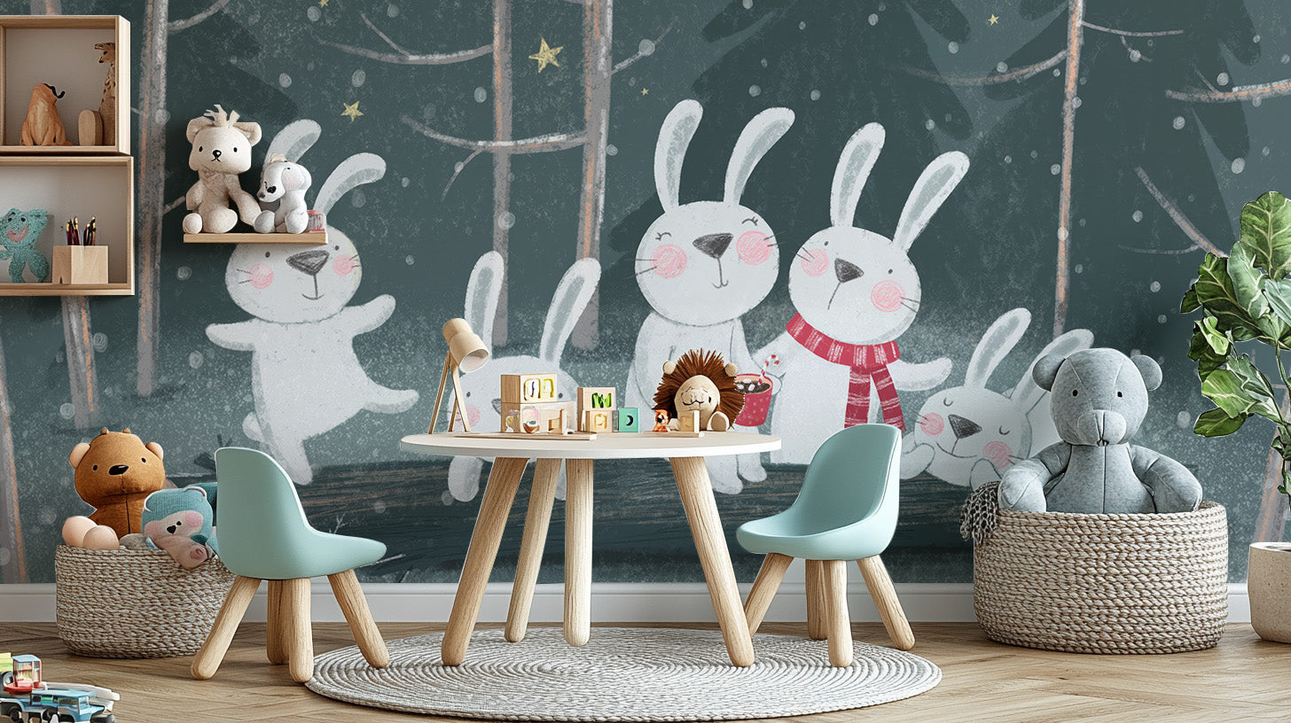 Rabbit-themed wallpaper mural in a winter wonderland scene