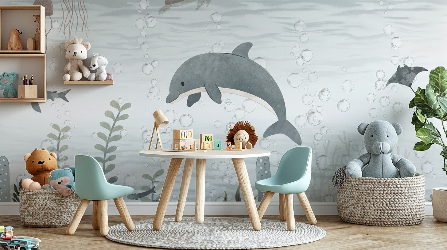 Ocean-inspired mural featuring playful dolphins for walls