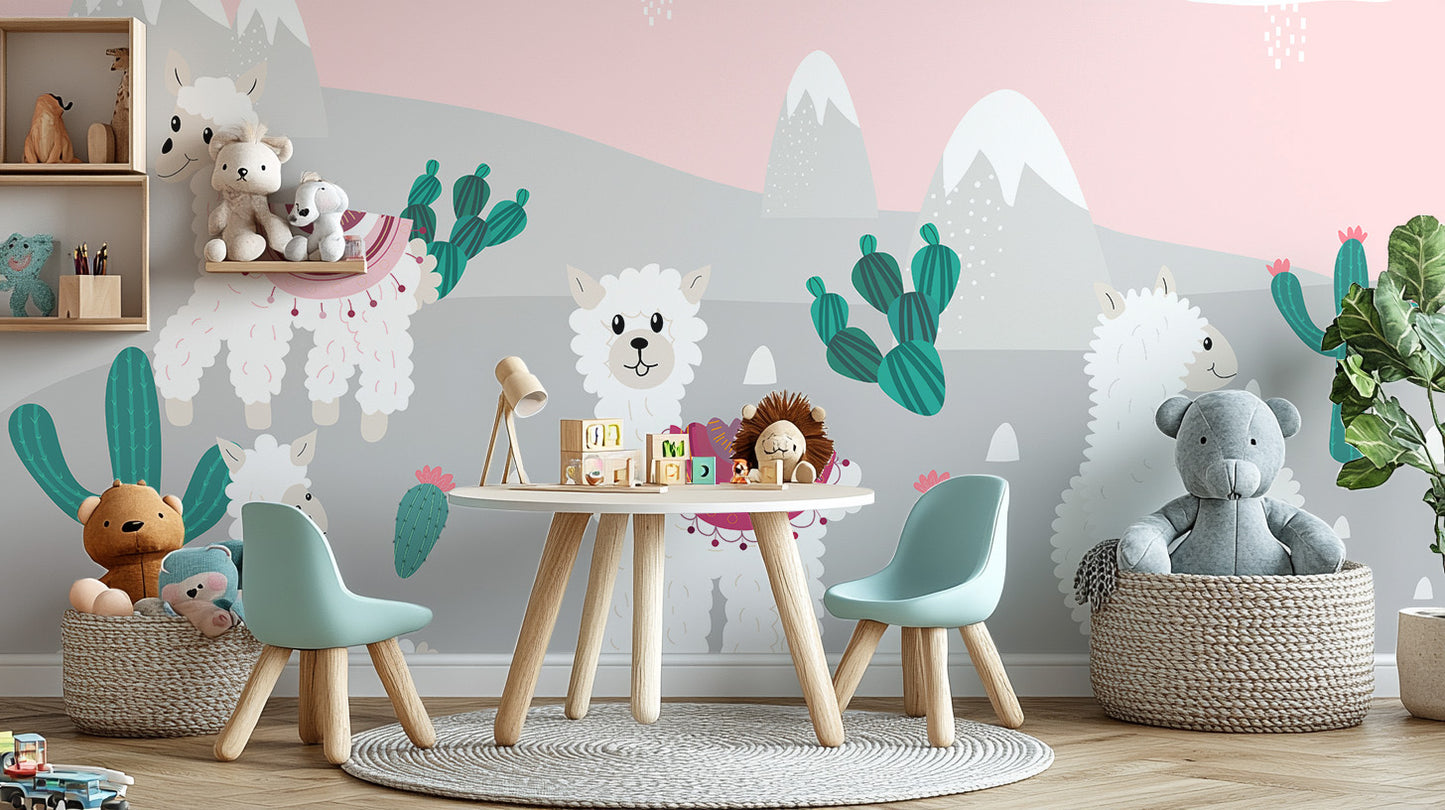 Fun mountain llamas mural for nature-themed kids' wall accents