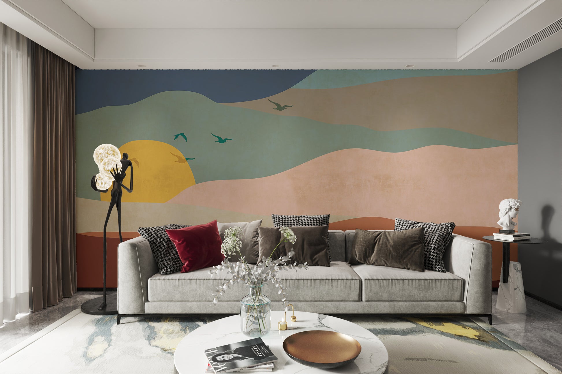 Relaxing abstract sunset wall mural with soft blending warm hues
