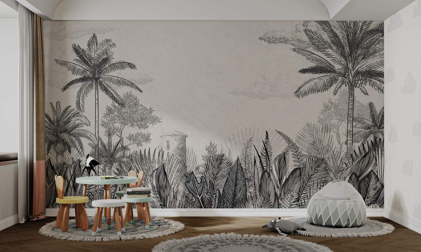 Vintage Tropical Botanical Monochrome Mural