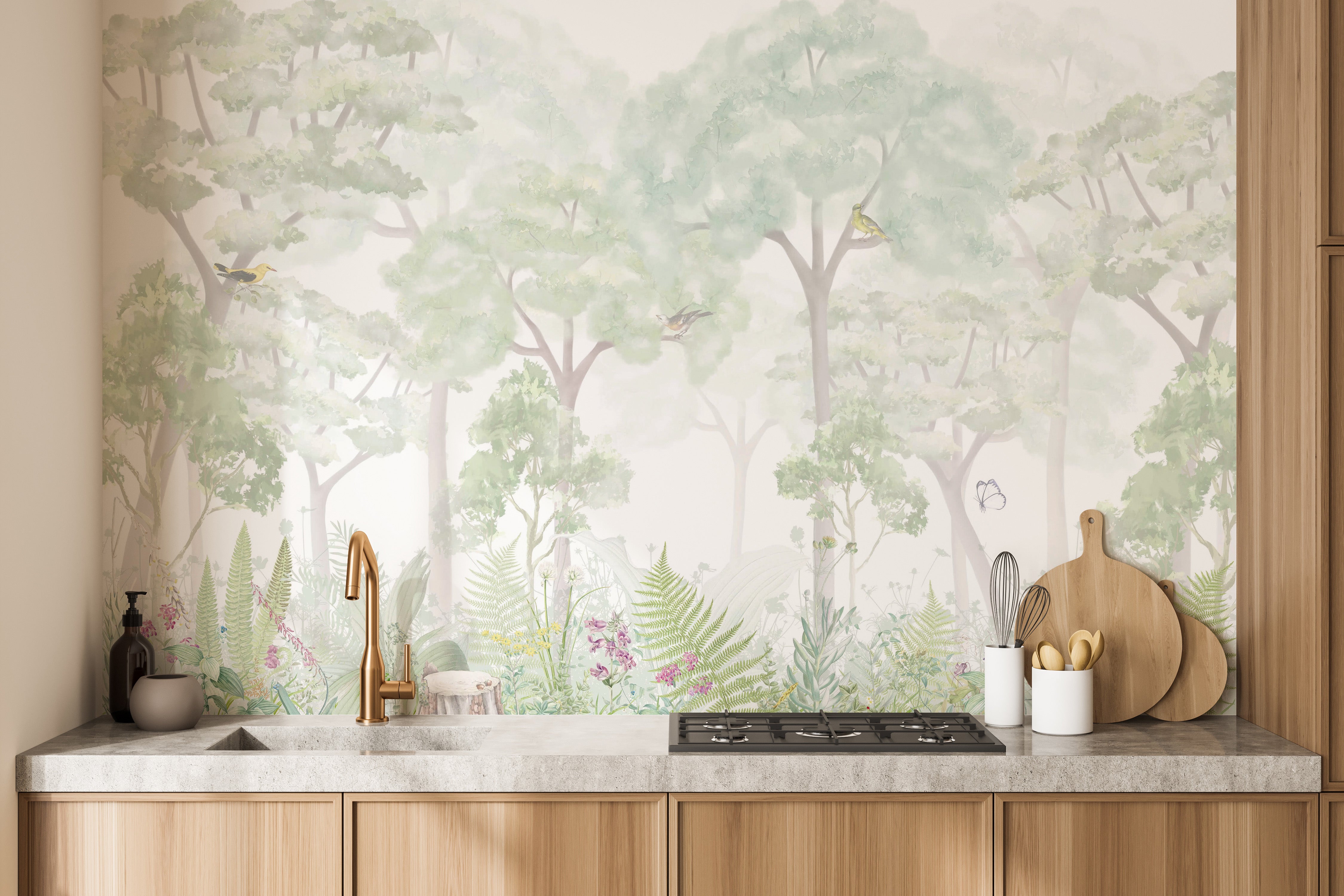 Calm woodland wallpaper mural for a serene home decor
