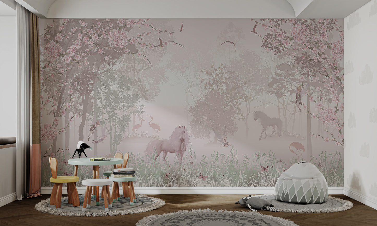 Enchanted Unicorn Blossom Forest Mural