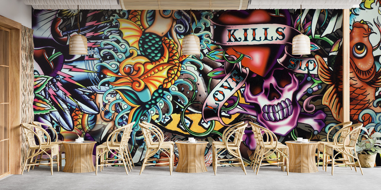 Vibrant tattoo-inspired wall mural artwork
